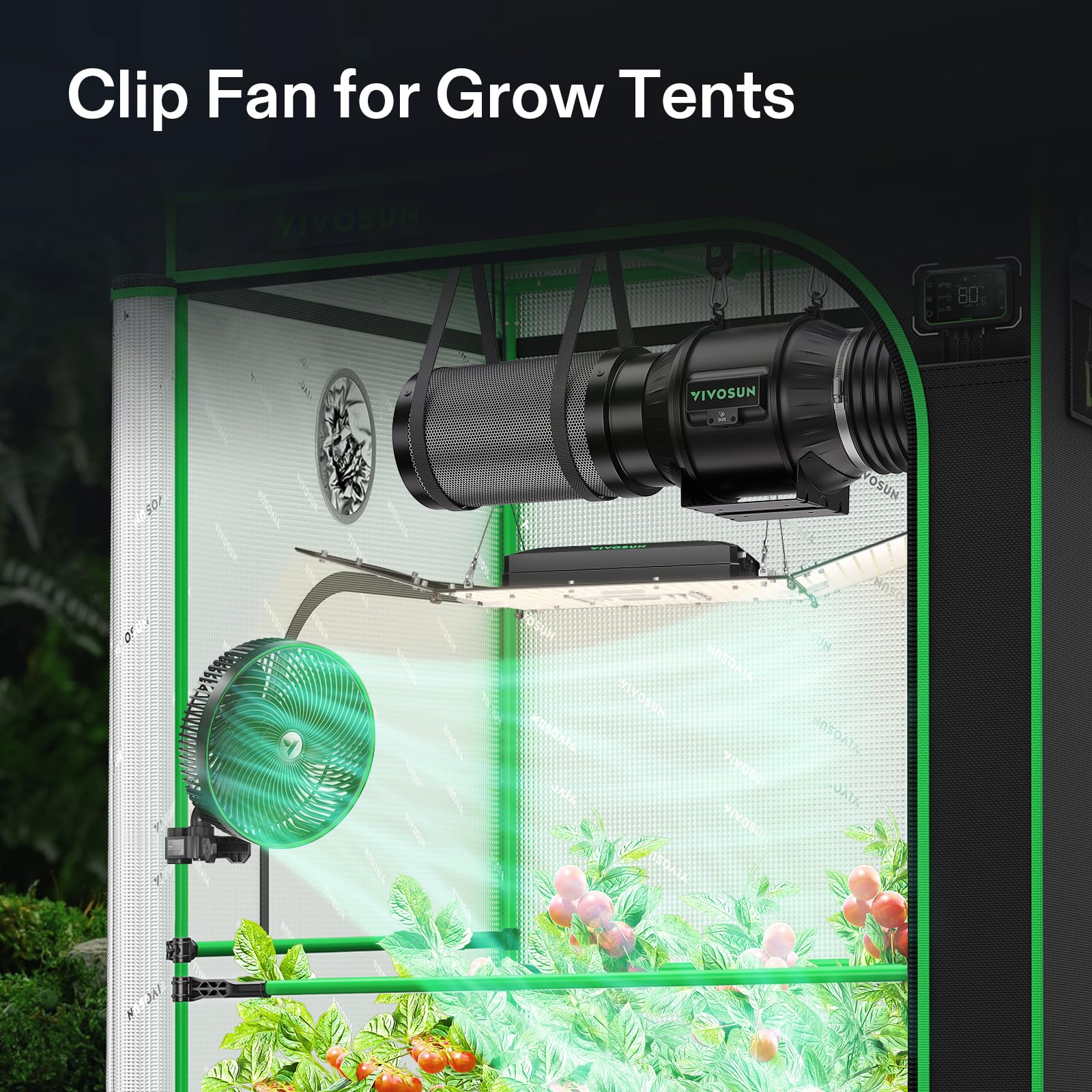 9-inch clip-on design of VIVOSUN AeroWave E9 fitted to tent setup