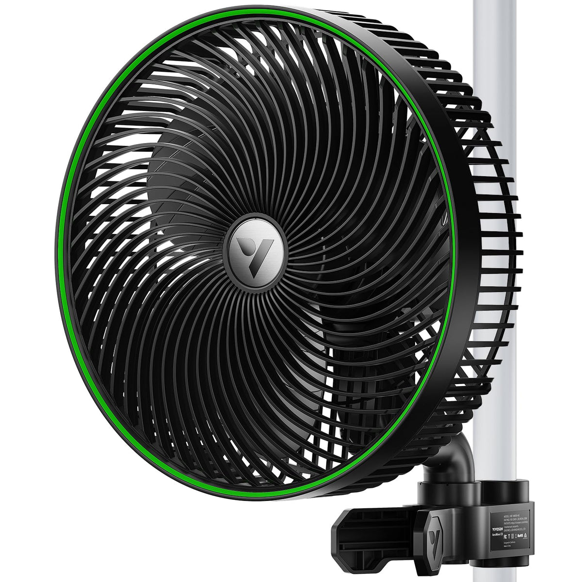 VIVOSUN AeroWave E9 clip-on fan secured to tent pole for steady airflow
