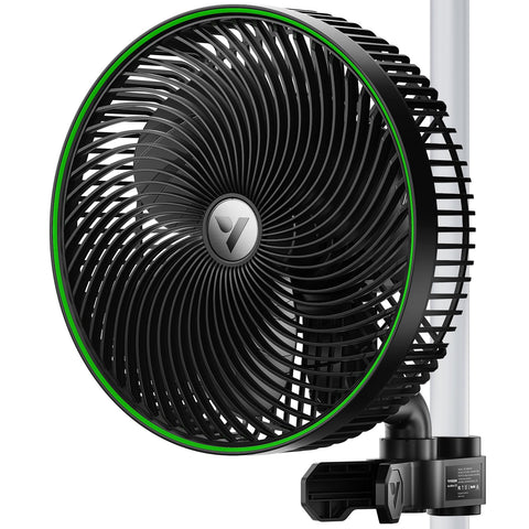 VIVOSUN AeroWave E9 clip-on fan secured to tent pole for steady airflow