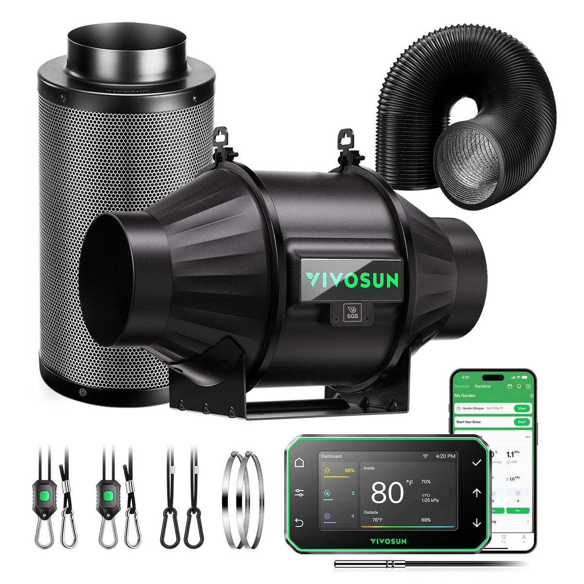 VIVOSUN AeroZesh T4 inline fan boosts airflow for efficient tent ventilation.