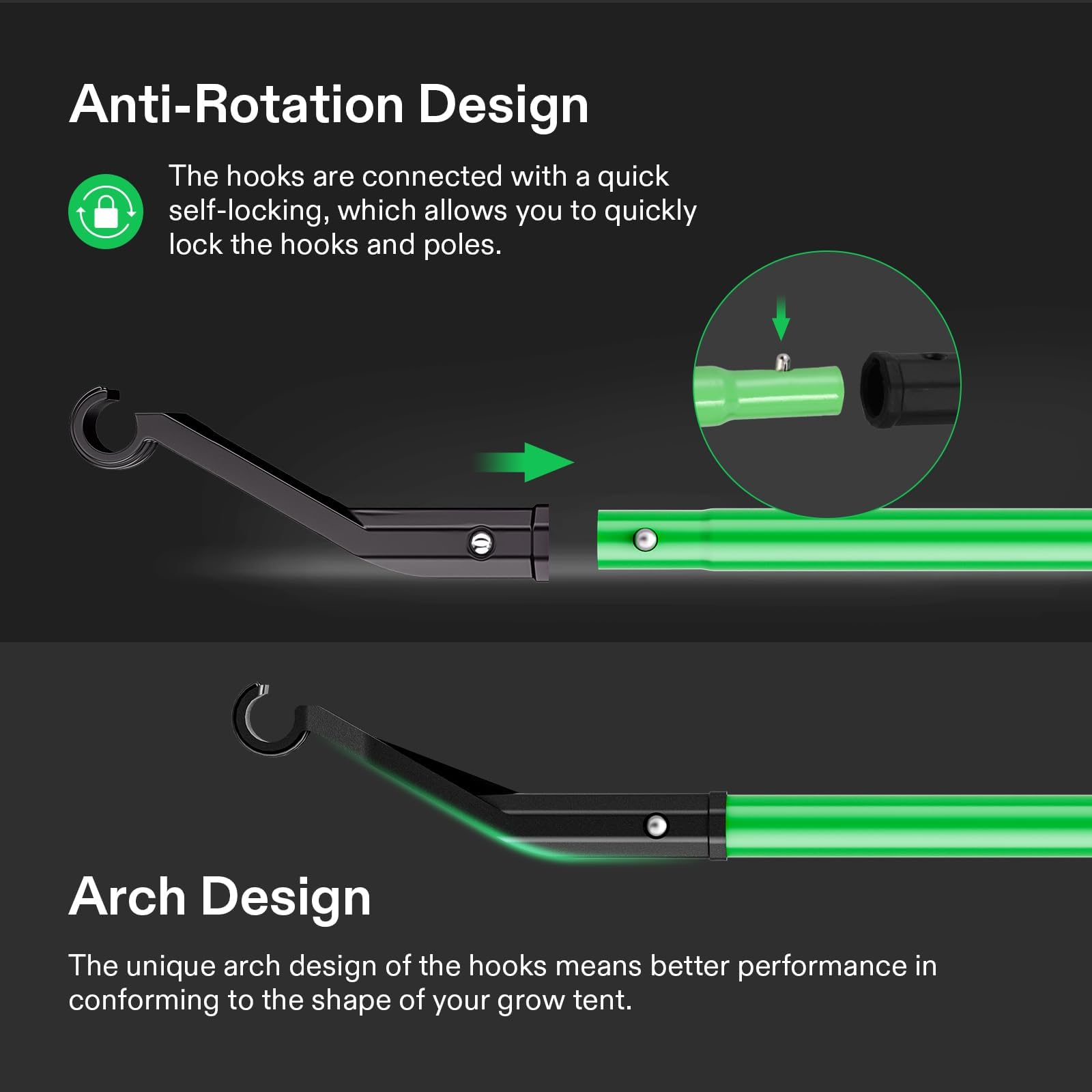 VIVOSUN anti-rotation hook system locks quickly to prevent twisting