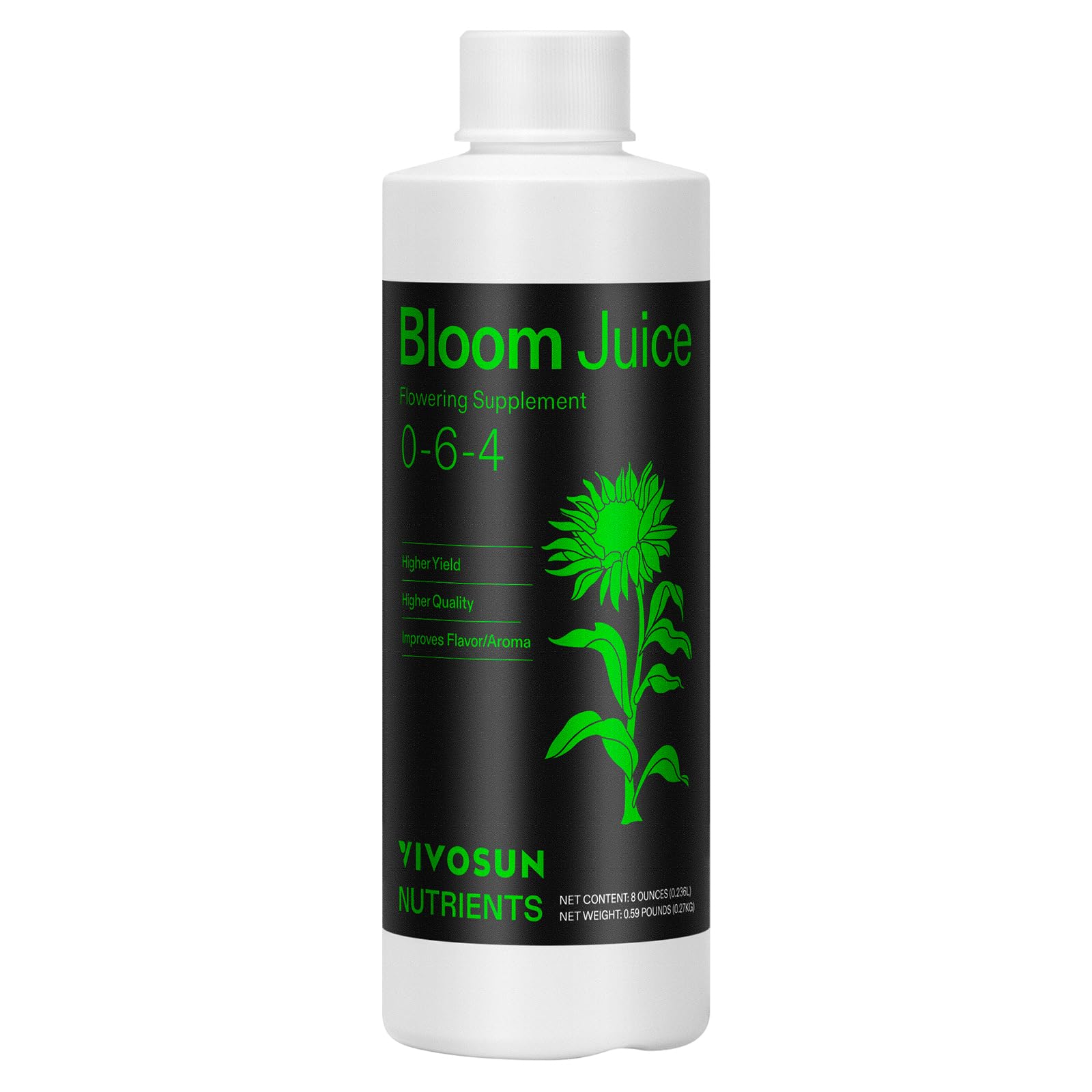 VIVOSUN Bloom Juice bottle highlights flowering fertilizer for boosted blooms.