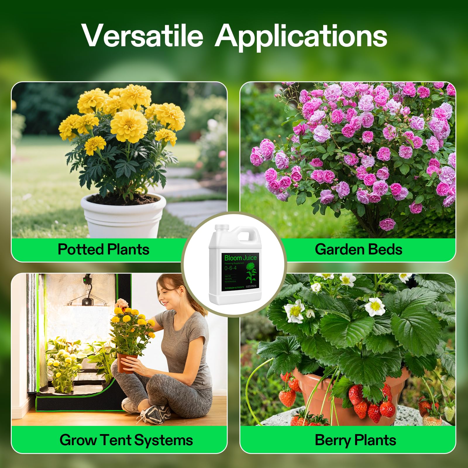VIVOSUN Bloom Juice with flowering plants suggests fuller blooms and enhanced aromas