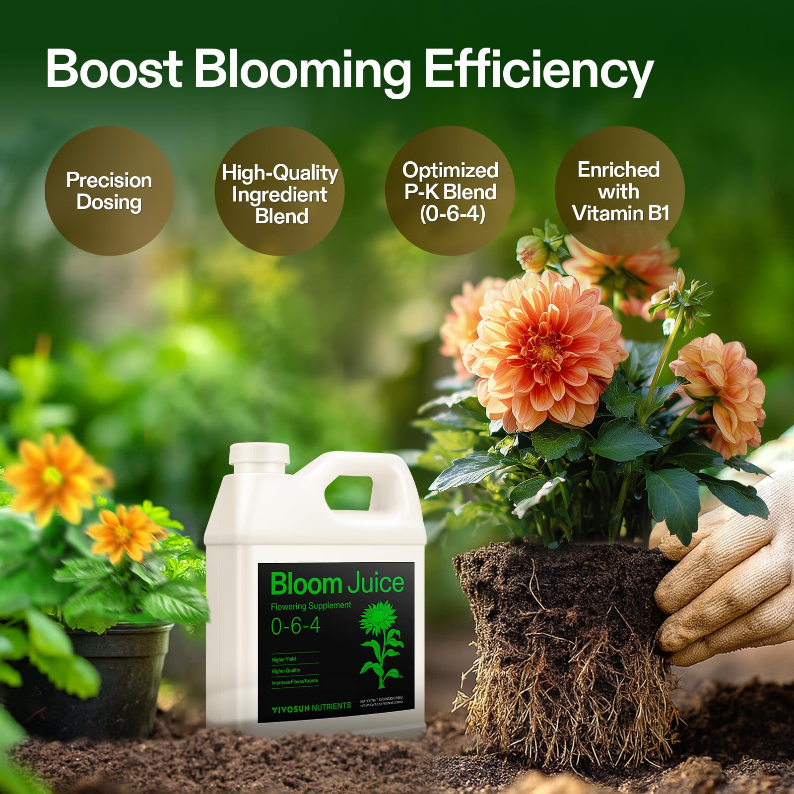 VIVOSUN Bloom Juice label close-up shows the 0-6-4 formulation for flowering stages