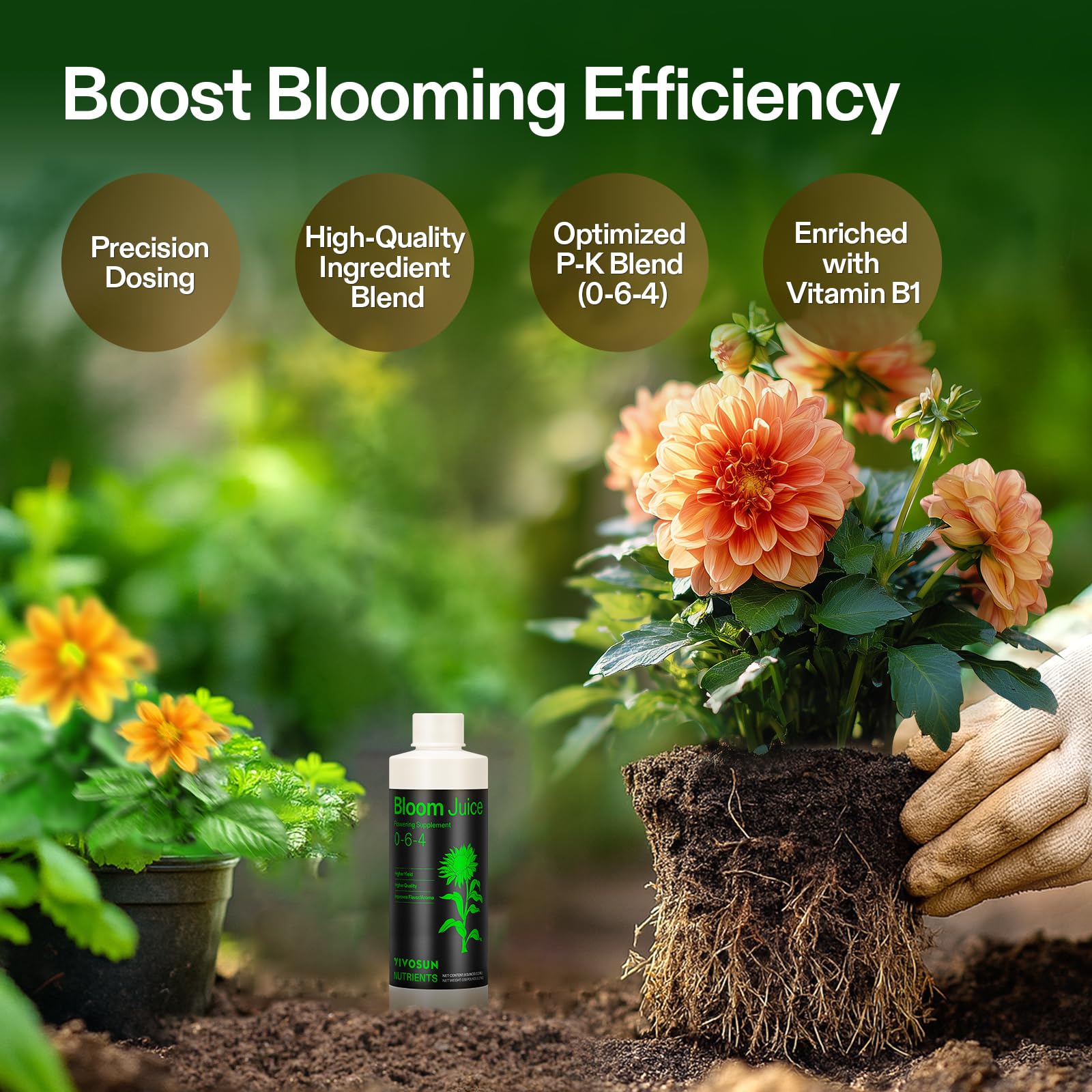 VIVOSUN Bloom Juice packaging shows the balanced 0-6-4 nutrient mix.