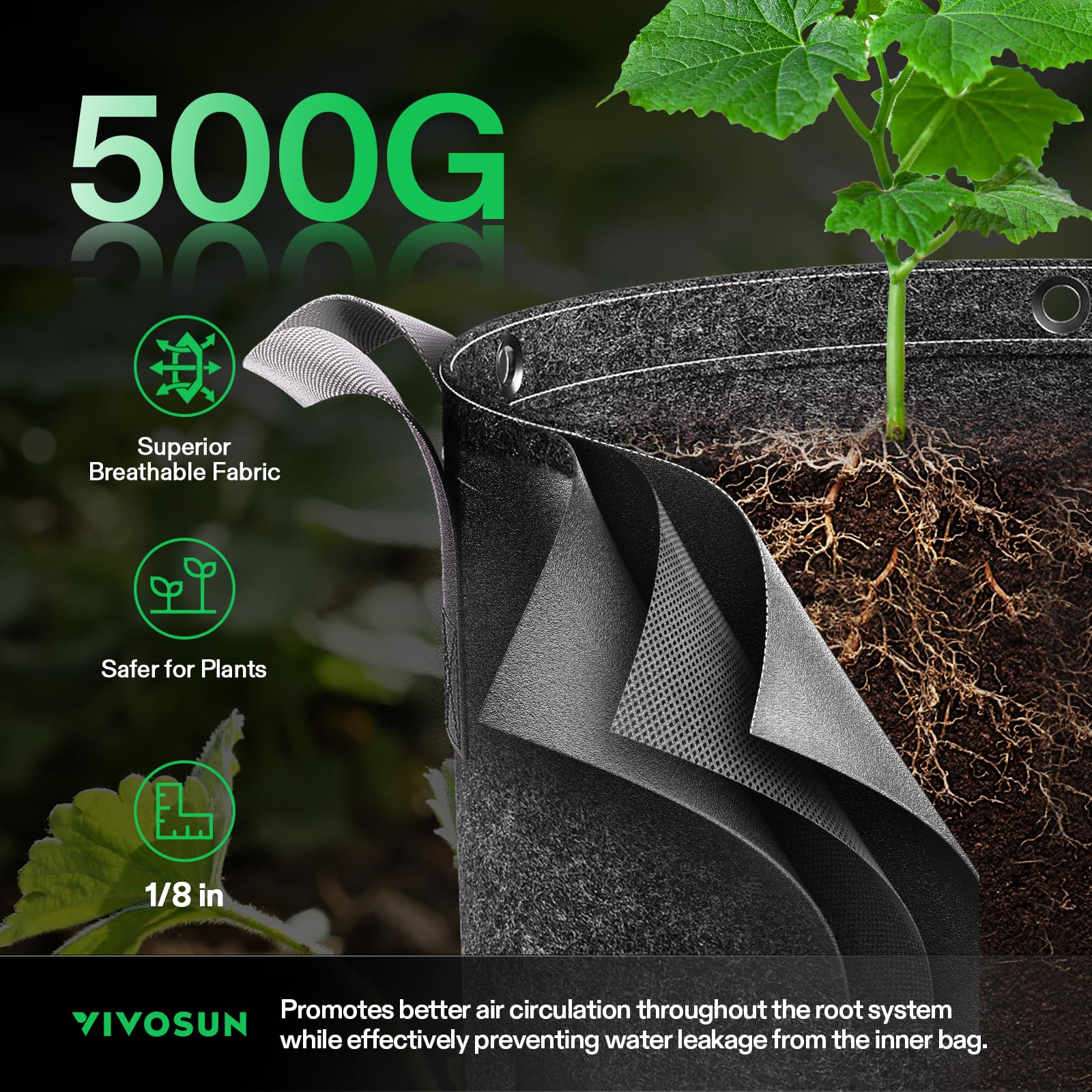 VIVOSUN breathable fabric promotes air-pruned roots for healthier growth.