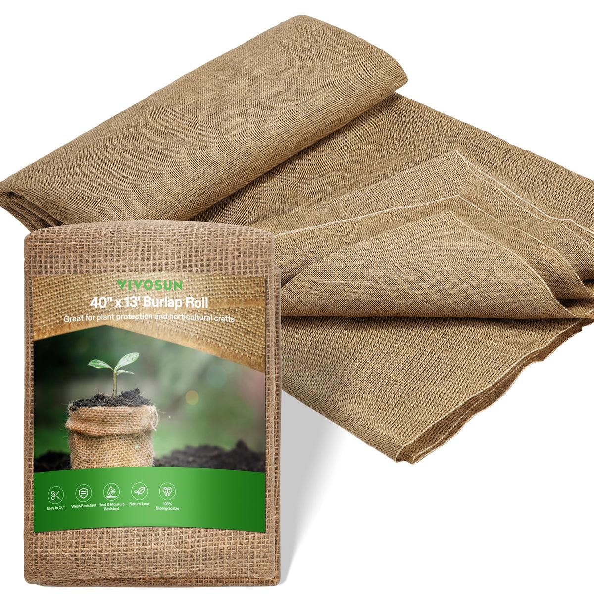 VIVOSUN burlap fabric 40in wide by 13ft long, durable outdoor material for gardens.