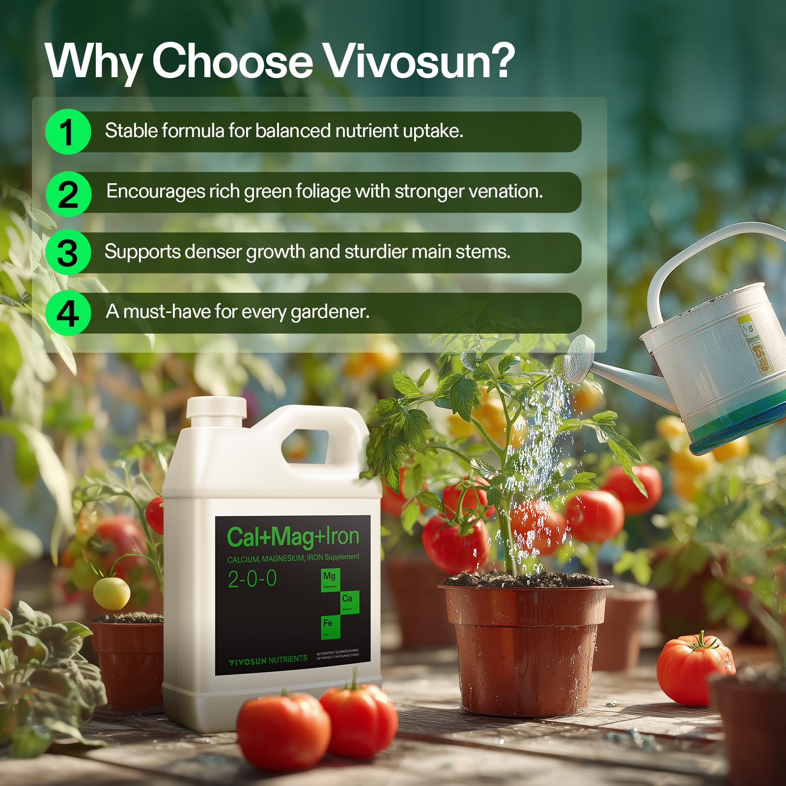 VIVOSUN Cal+Mag+Iron dosing spoon emphasizes easy measurement for accurate feeding.