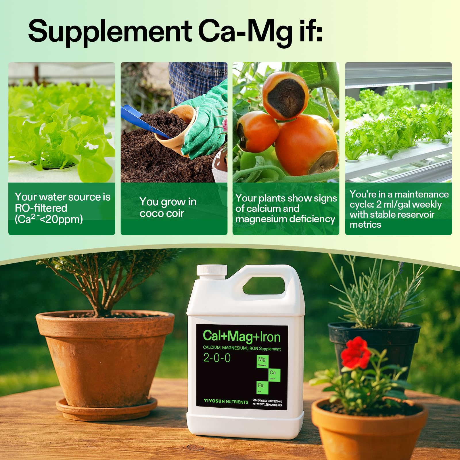 VIVOSUN Cal+Mag+Iron root zone highlights strong uptake potential.