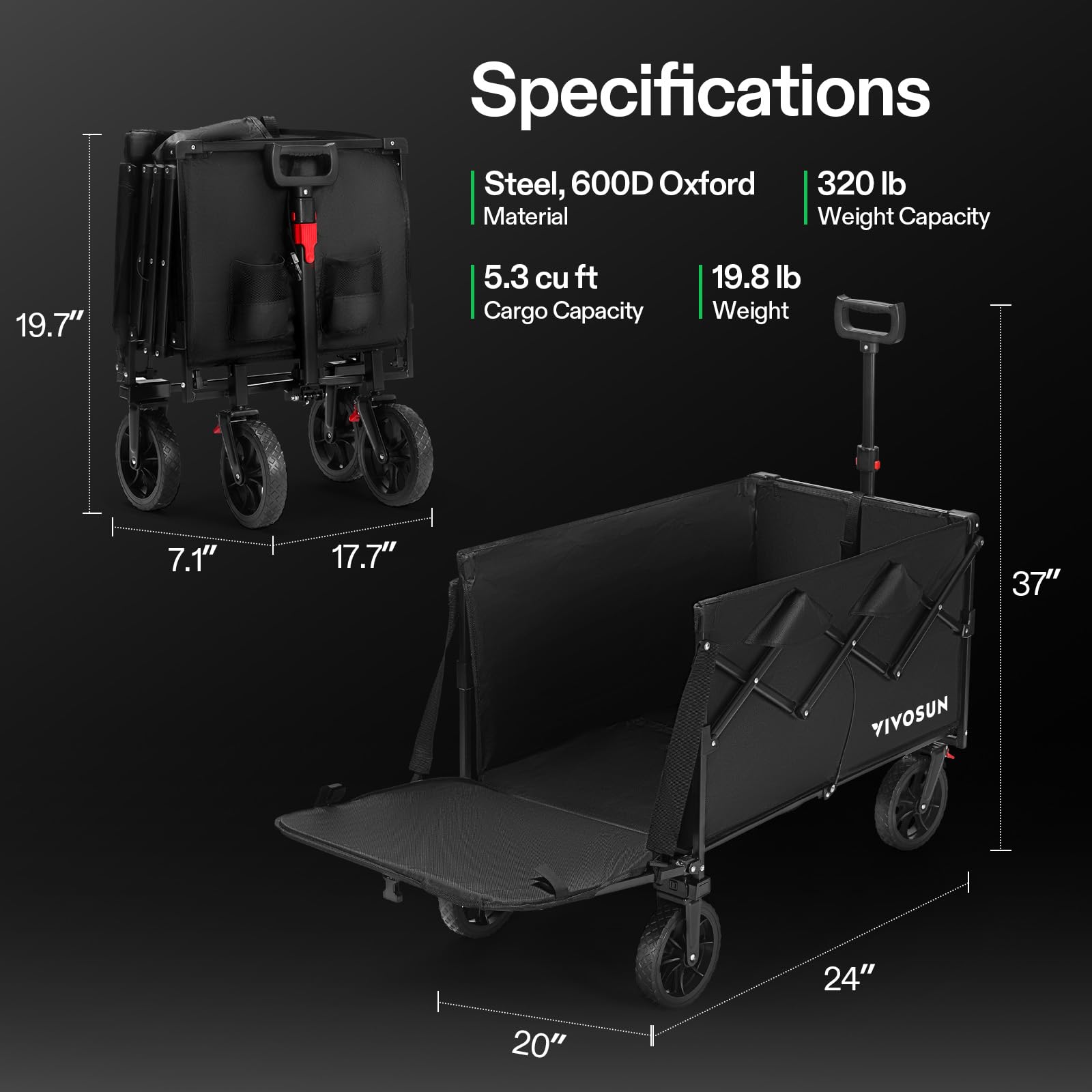 VIVOSUN Collapsible Wagon front brakes enhance control on slopes.