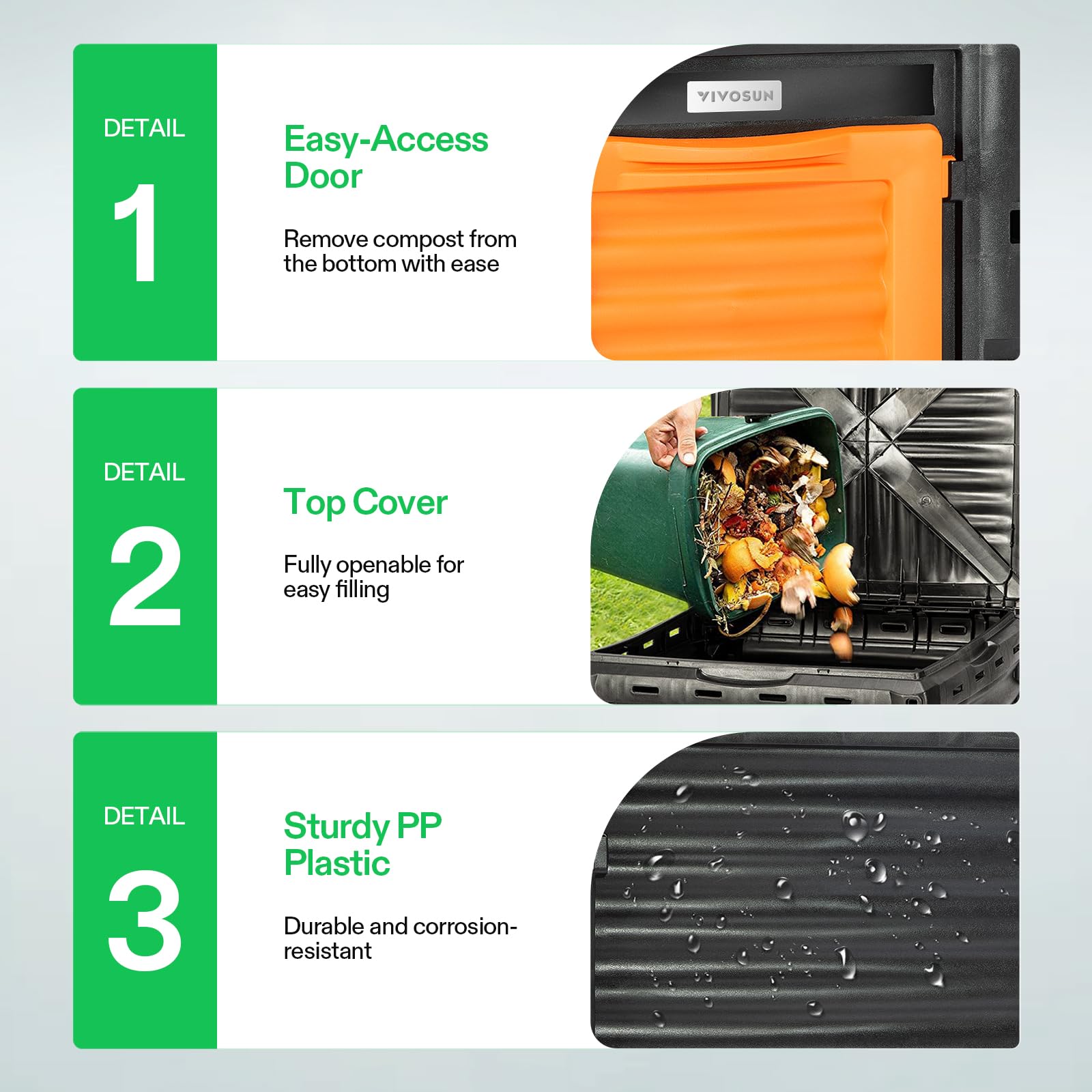 VIVOSUN 80-gallon compost bin with side vents promoting airflow for faster decomposition.
