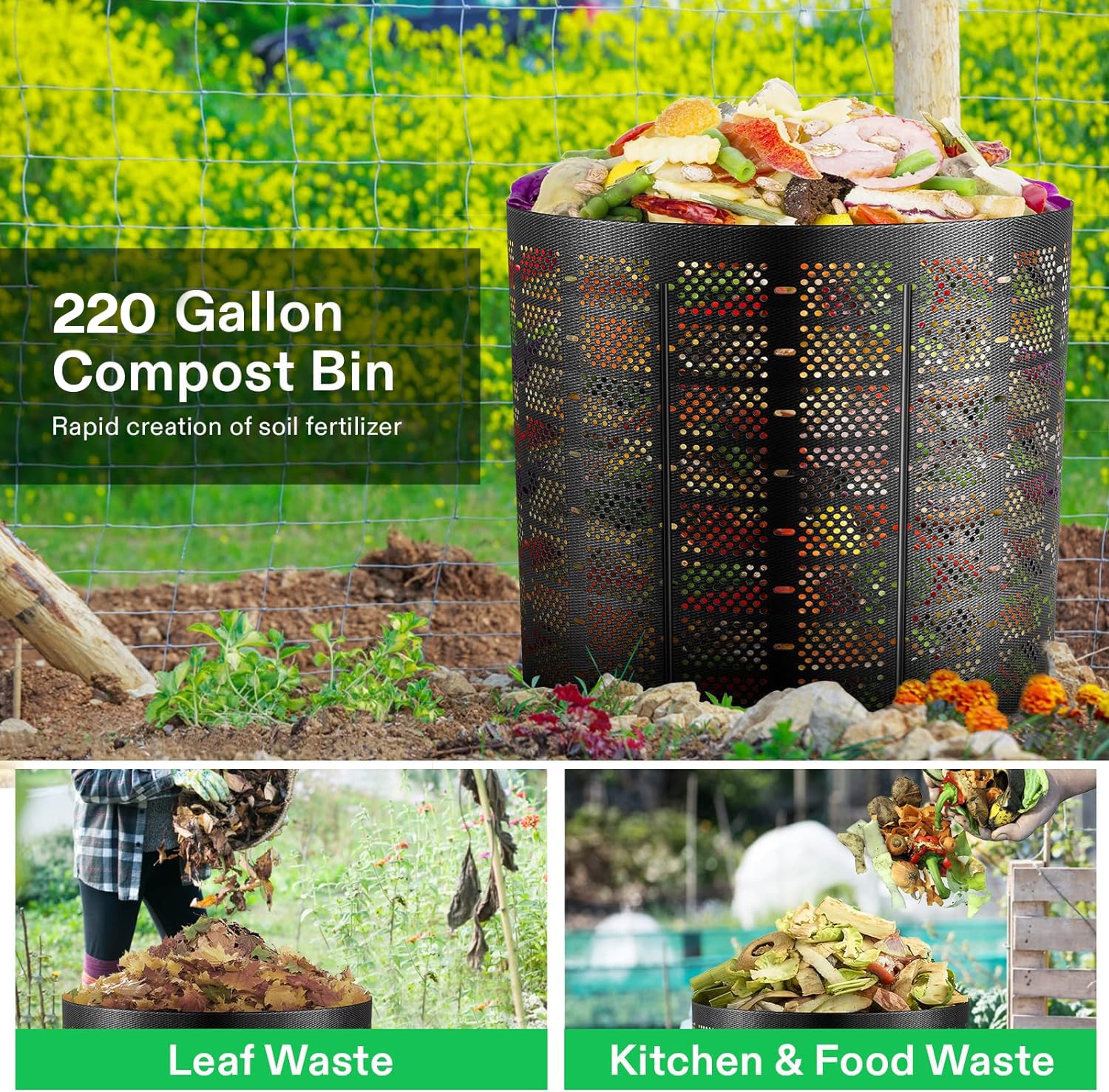 VIVOSUN compost bin side view highlighting durable HDPE construction for outdoor use