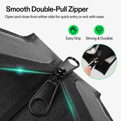 VIVOSUN double-sided zipper close-up showing versatile barrier entry