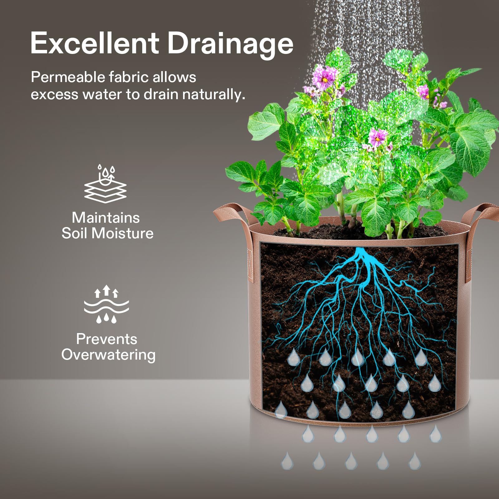 VIVOSUN drainage-friendly bags prevent overwatering and soggy soil conditions.