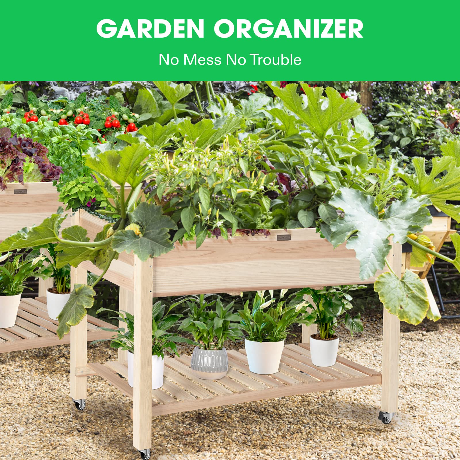 VIVOSUN side storage shelf on the garden bed for easy tool access.