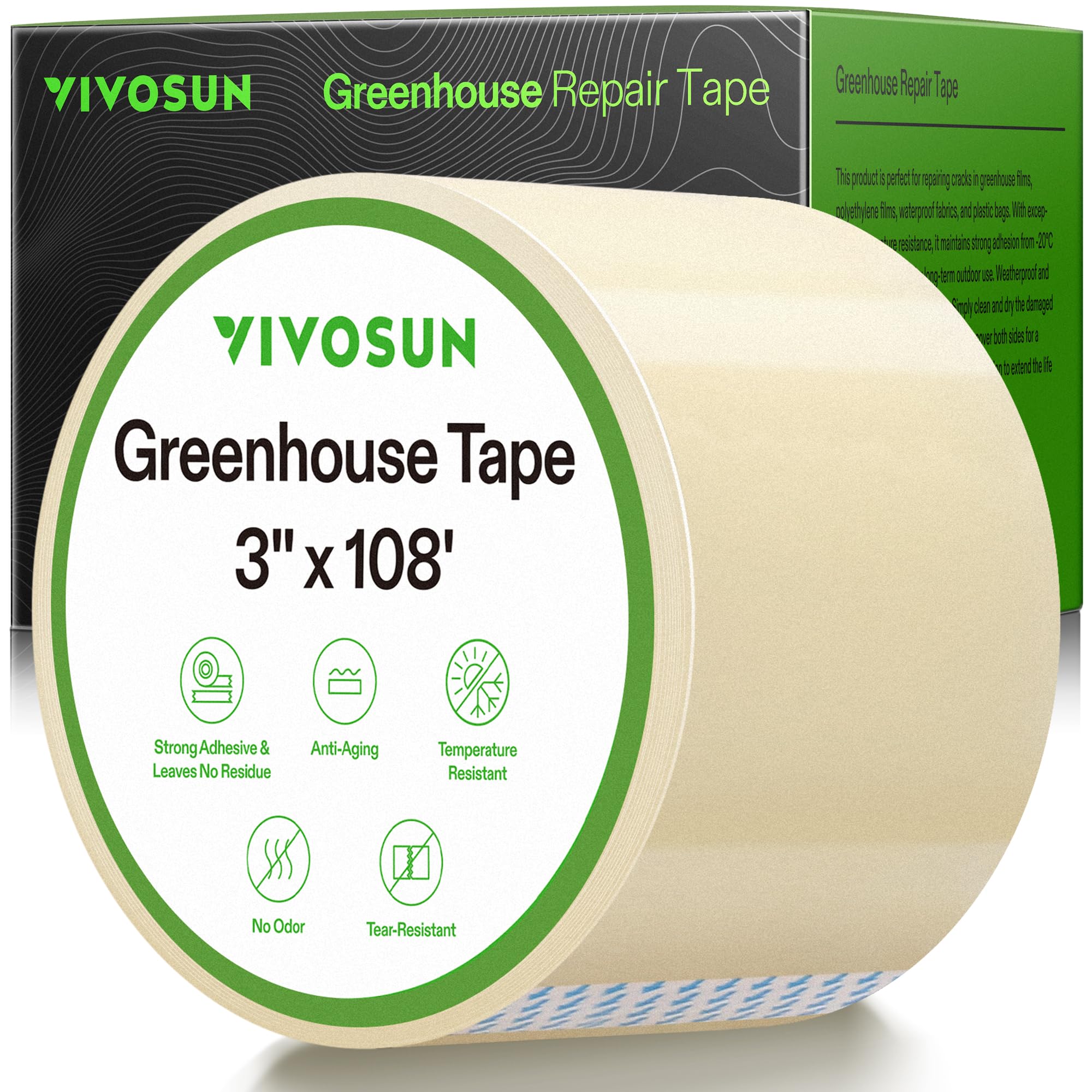 VIVOSUN greenhouse repair tape adheres firmly to a damaged surface for durable patching.