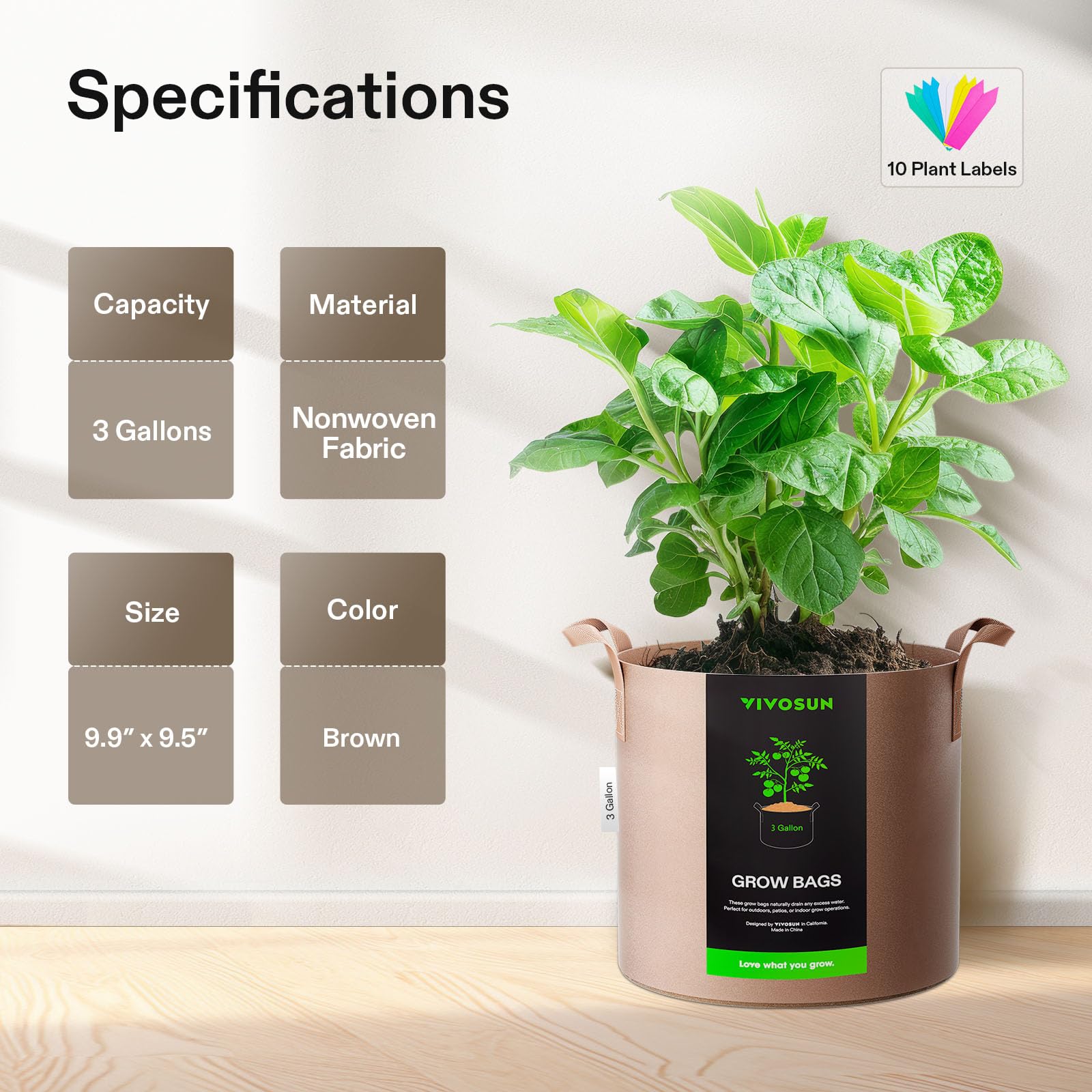 VIVOSUN grow bags with strap handles provide reinforced lifting for easy repositioning.