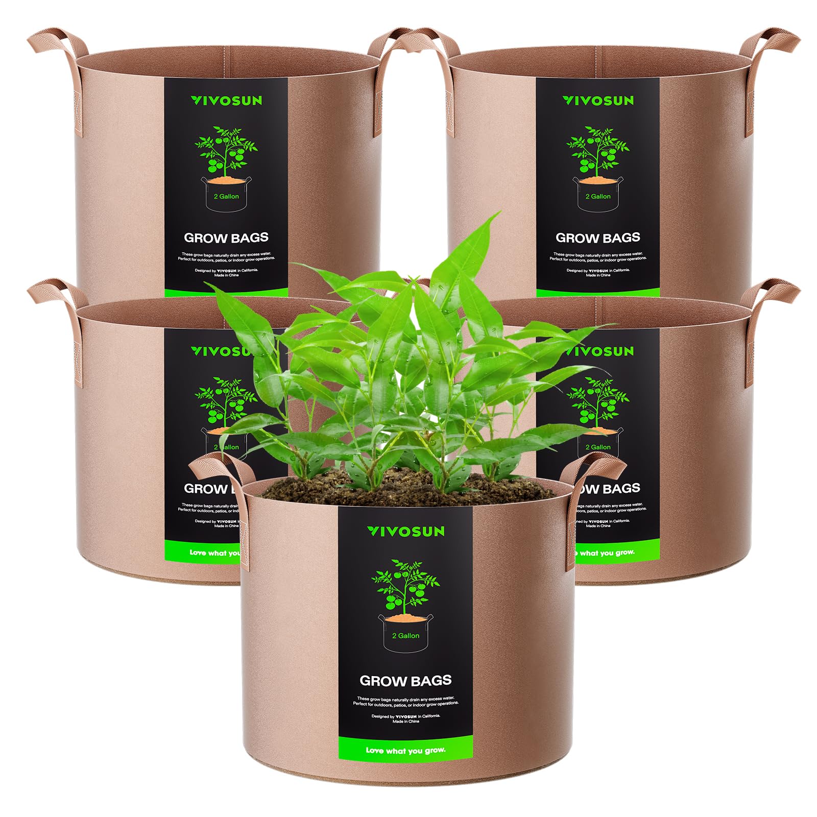 VIVOSUN grow bags with strap handles in tan for easy transport.