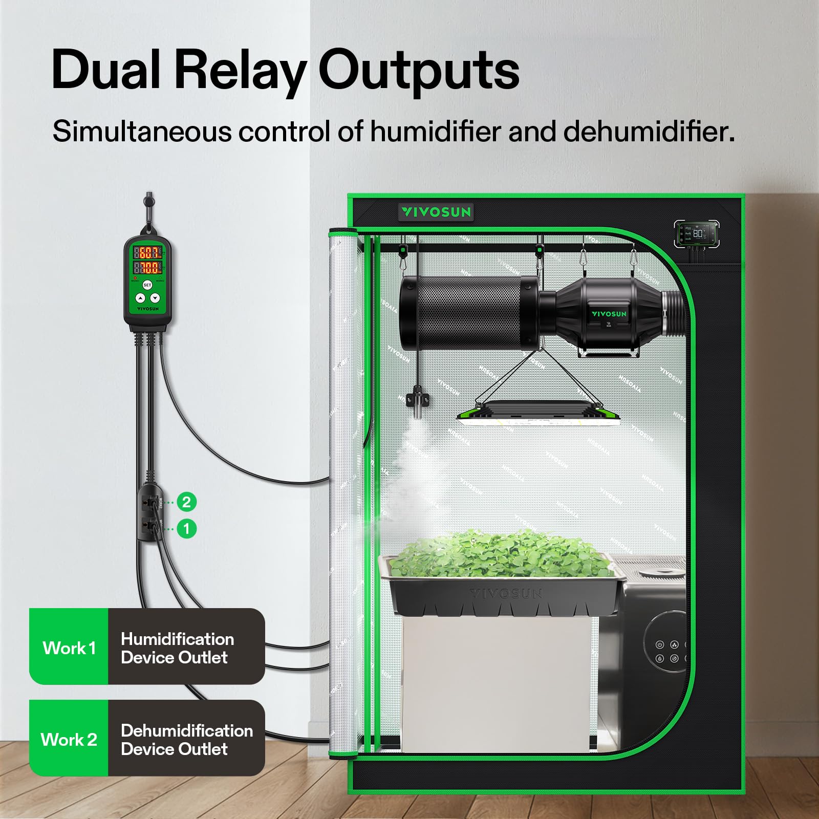 VIVOSUN dual-relay setup connects humidifier and dehumidifier for automatic climate control.