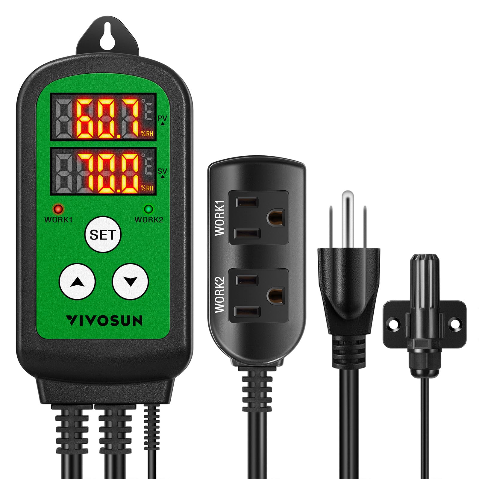 VIVOSUN humidity controller front display showing real-time and setpoint humidity for easy monitoring.