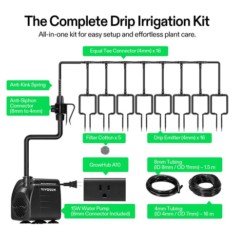 VIVOSUN indoor-outdoor watering setup fits patios, shelves, and beds.