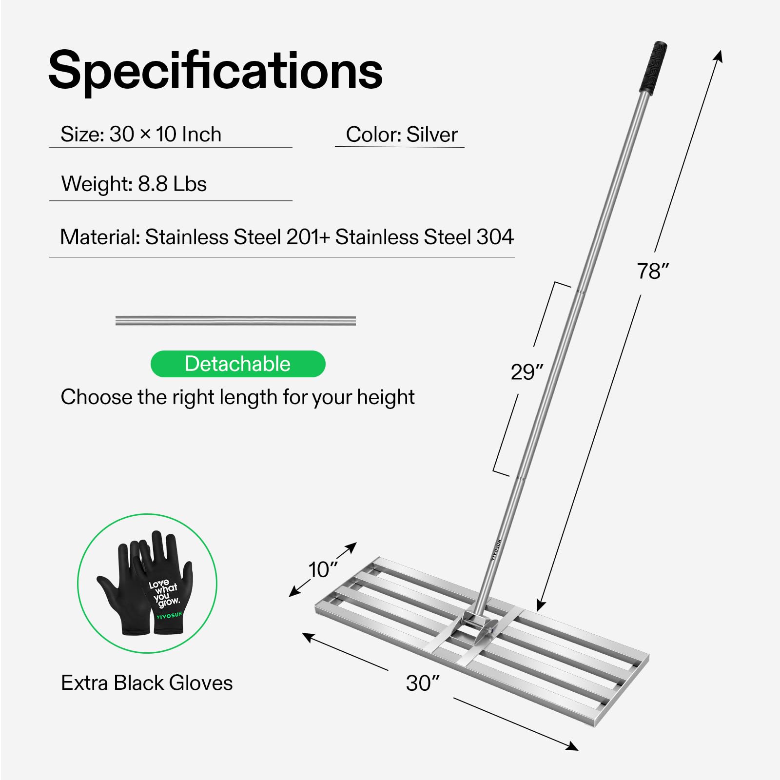 VIVOSUN 78-inch adjustable handle extended for reduced bending during leveling.
