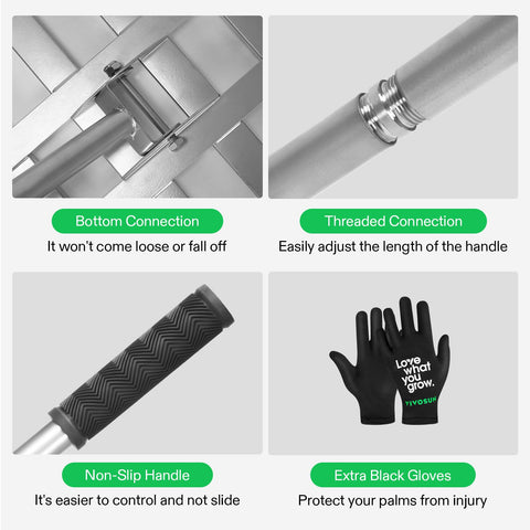 VIVOSUN lawn leveling rake with gloves included for easy gardening sessions.