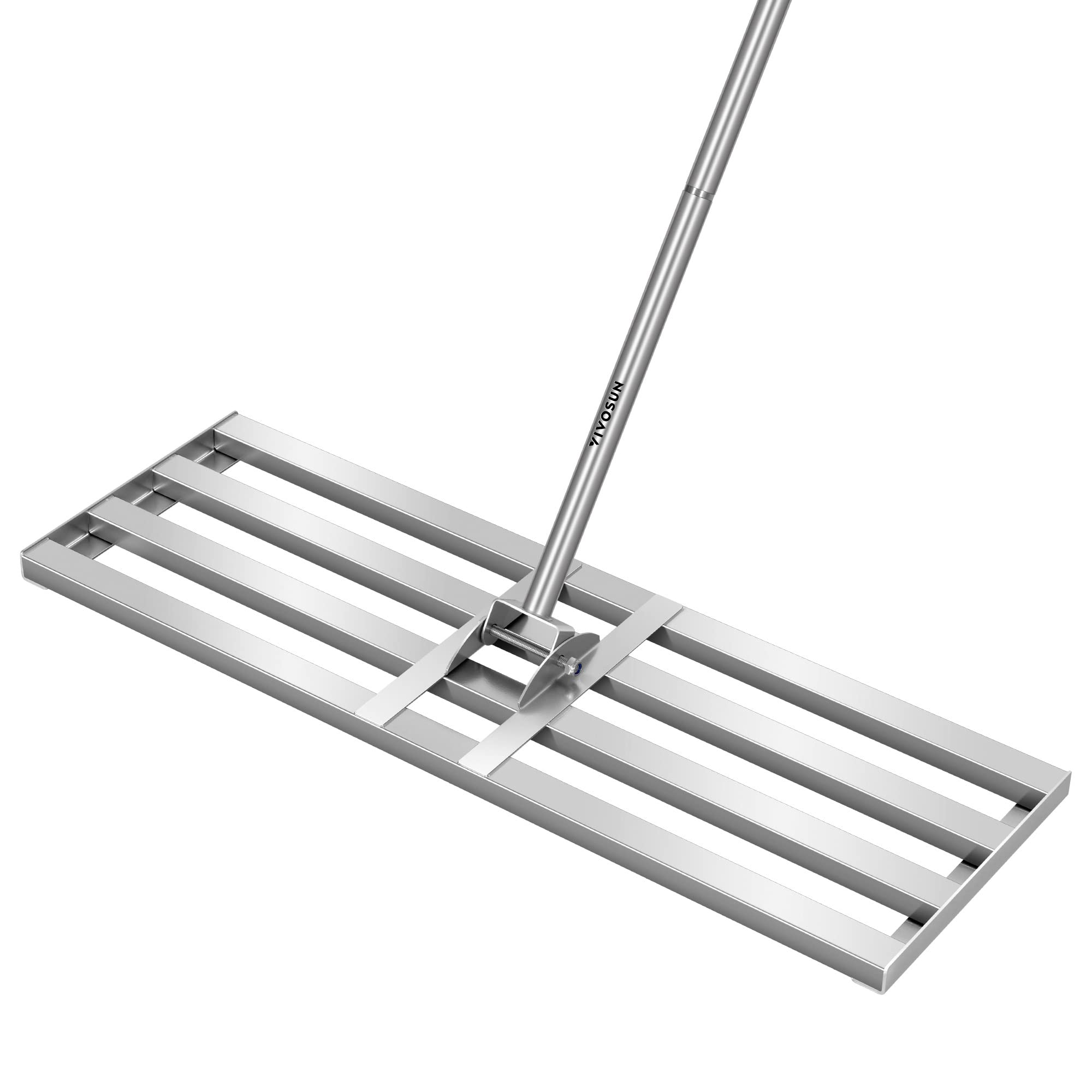 VIVOSUN lawn leveling rake head close-up shows rust-resistant stainless steel for even soil distribution.