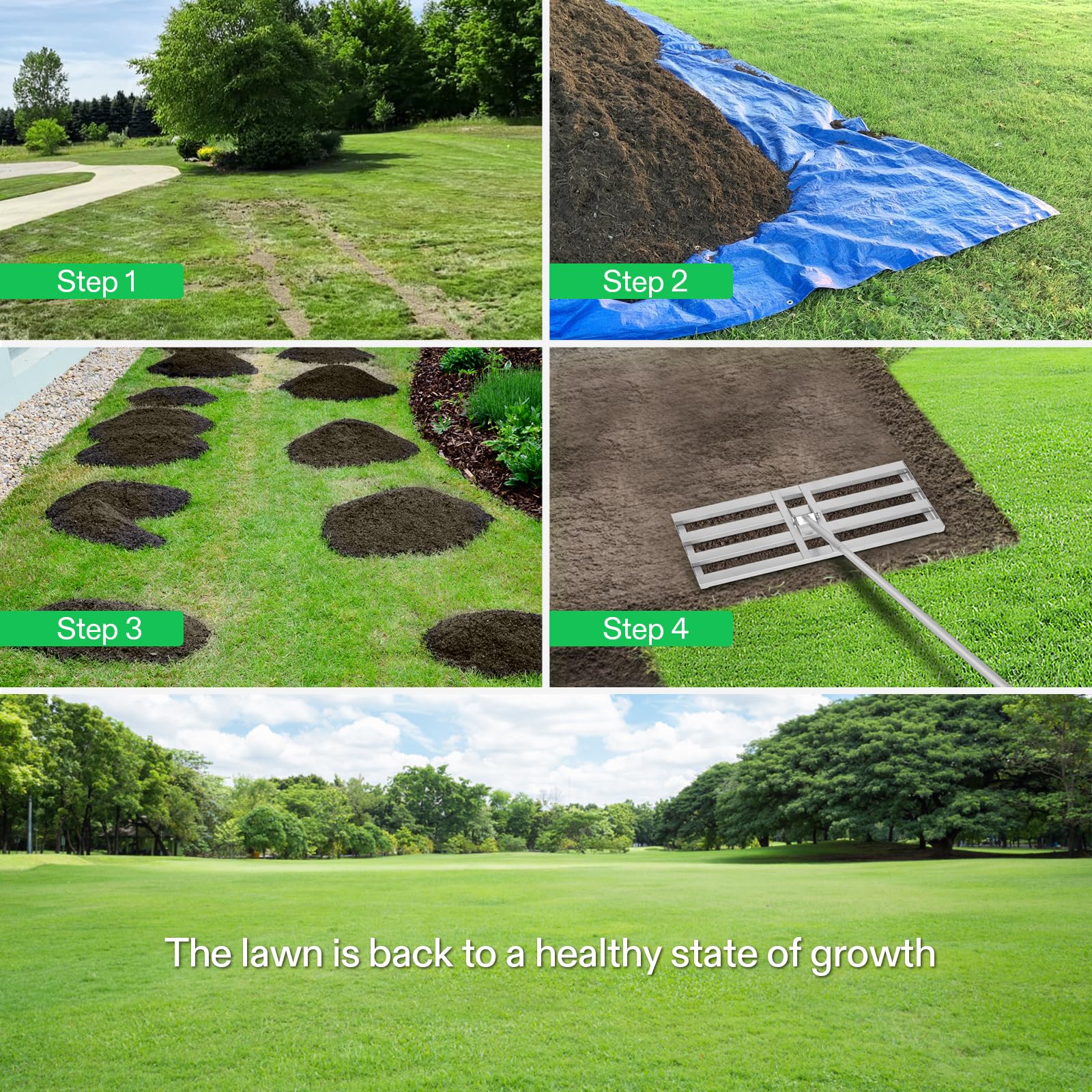 VIVOSUN wide rake head covers more area for efficient leveling in lawns.