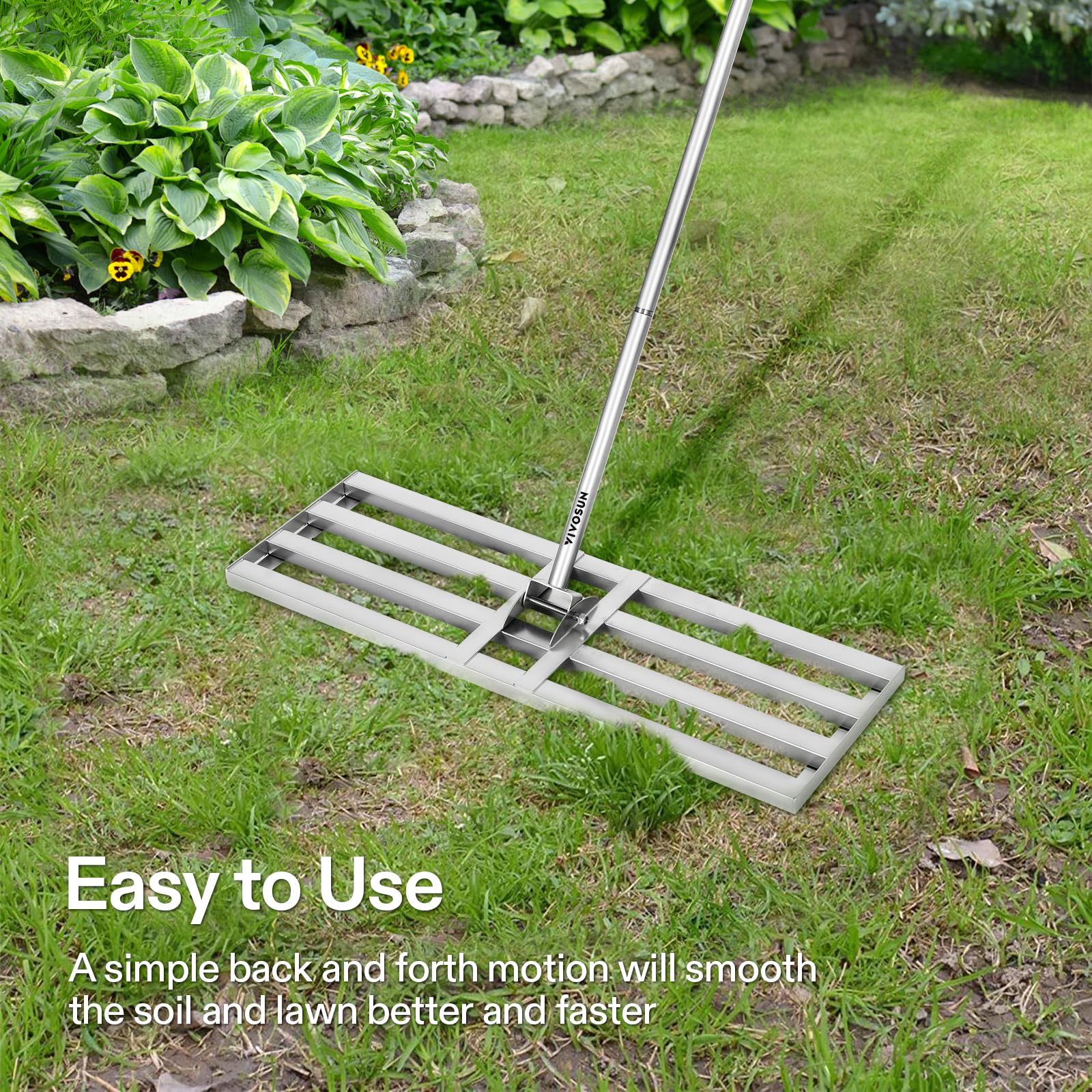 VIVOSUN rustproof metal rake in garden setting suitable for grass and soil smoothing.