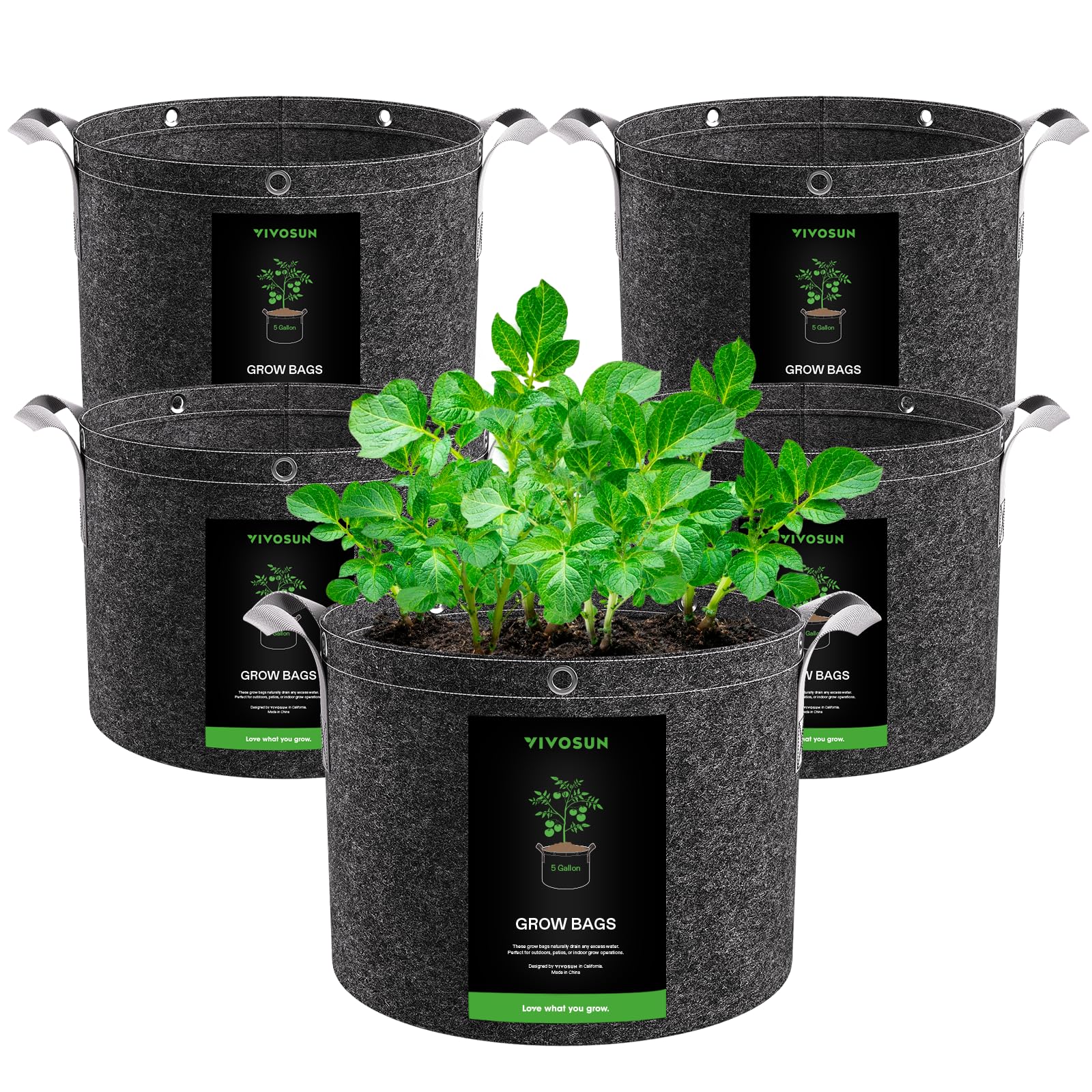 VIVOSUN five-pack grow bags lineup for versatile home gardening.