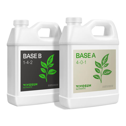 VIVOSUN Base A bottle closeup highlighting balanced nutrients for growth