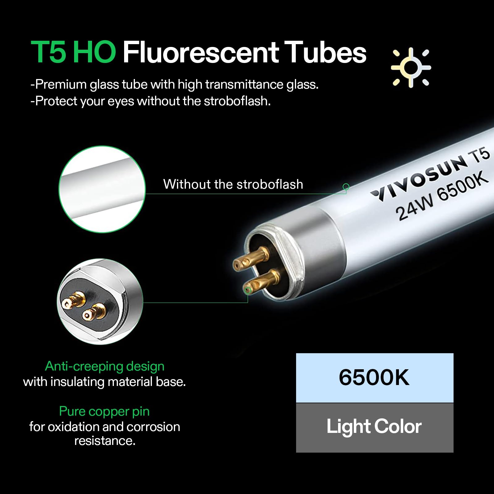 VIVOSUN long-life T5 bulb highlights extended performance for frequent use.