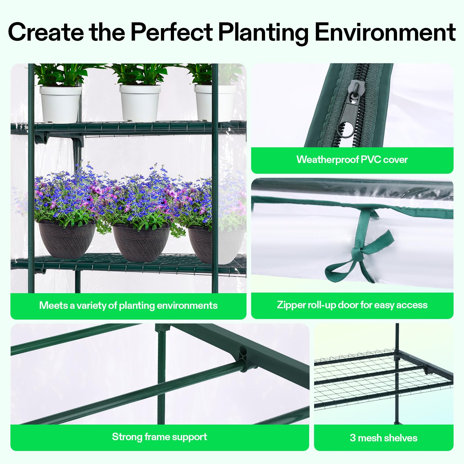 VIVOSUN easy-assembly design shown for quick setup of the greenhouse