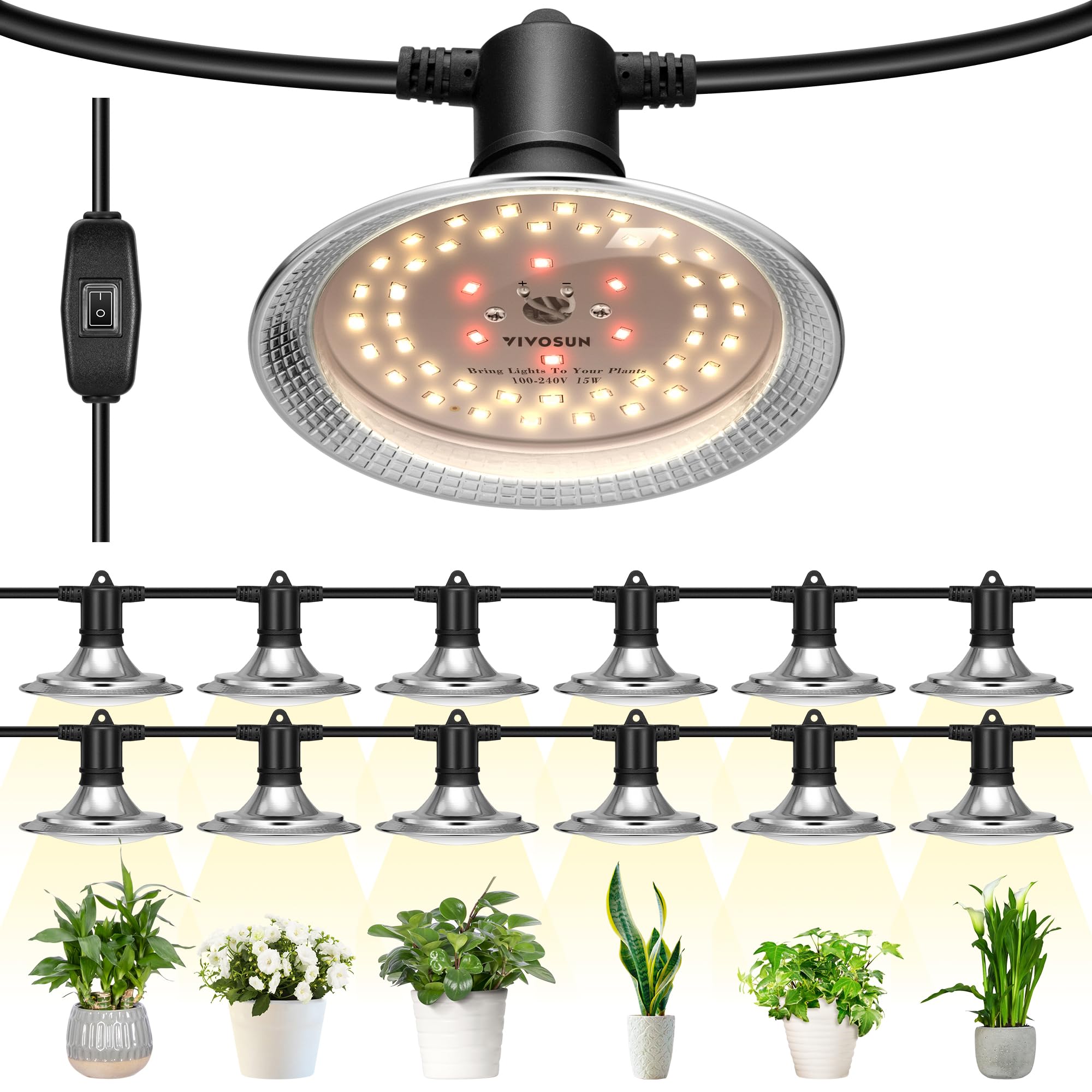 VIVOSUN outdoor full-spectrum string light over seedling trays for healthy growth