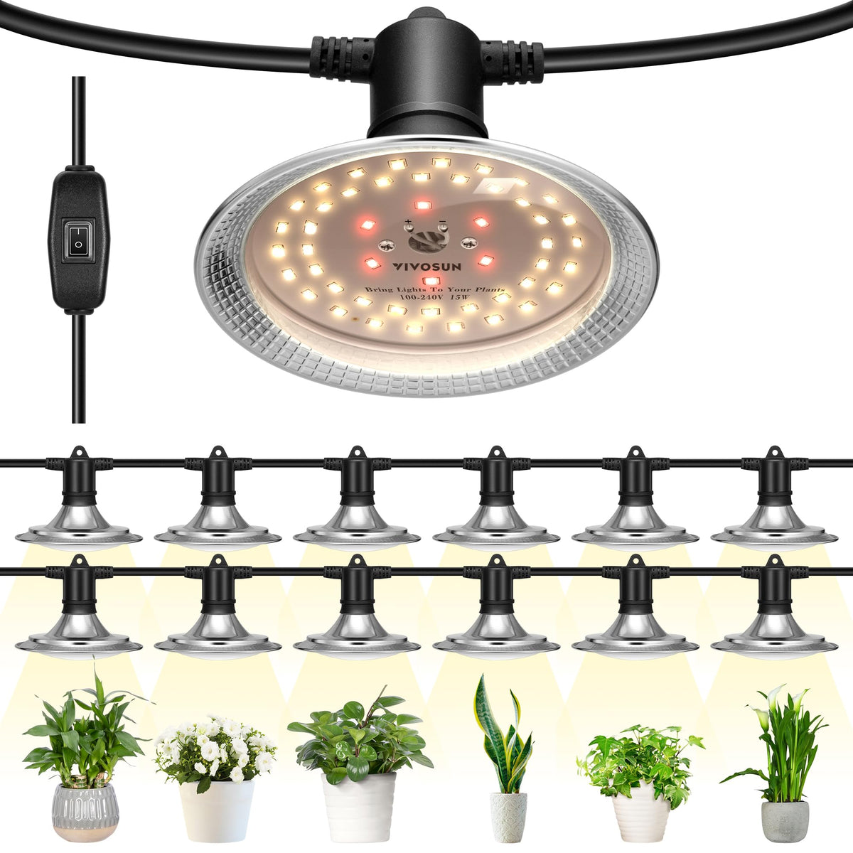 VIVOSUN outdoor full-spectrum string light over seedling trays for healthy growth