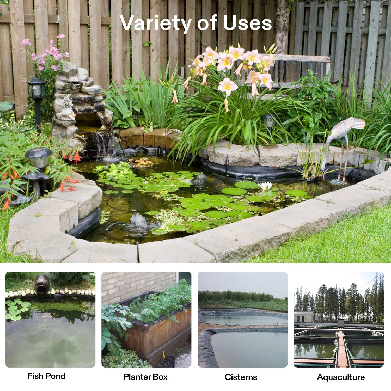 VIVOSUN pond liner shows flexible foldable design for custom pond shapes and simple adjustments.