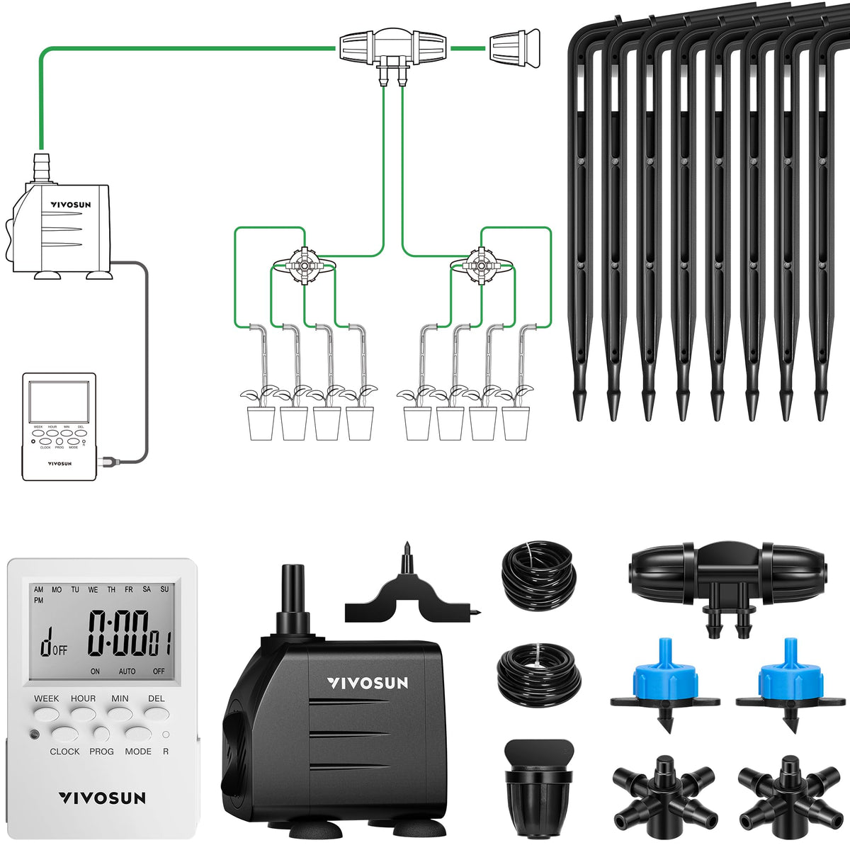 VIVOSUN professional drip irrigation kit with pump timer for precise watering