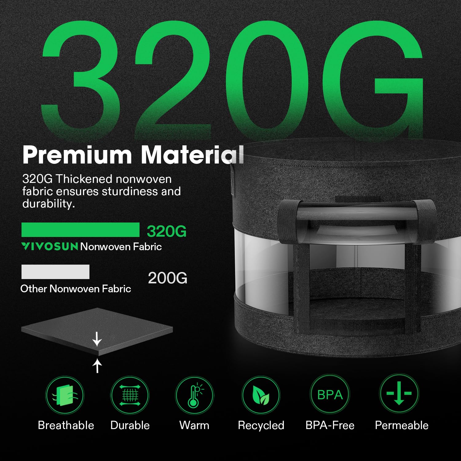 VIVOSUN reinforced handles simplify moving the grow bags.
