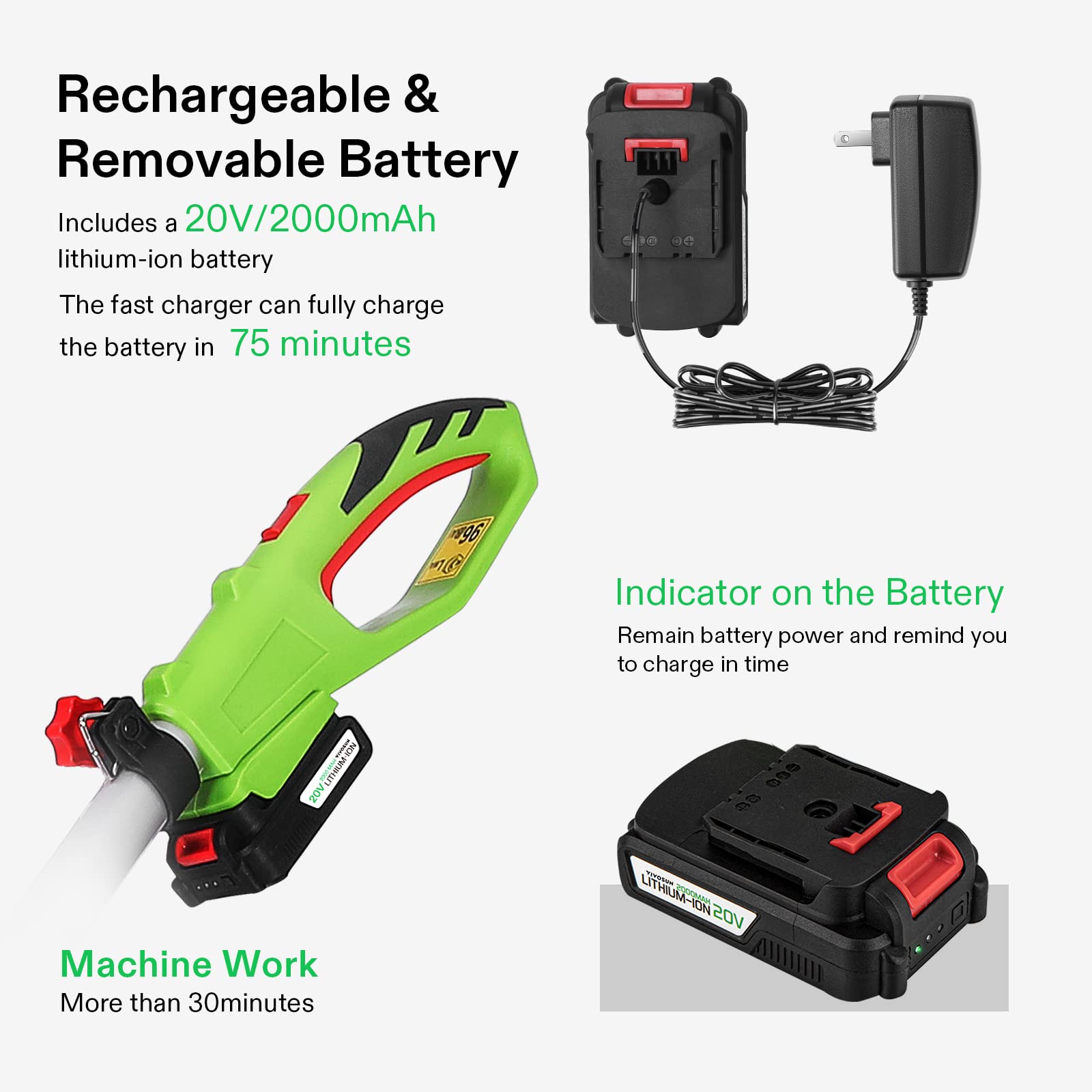 VIVOSUN removable 20V 2000mAh battery with fast charger for cordless pruning.