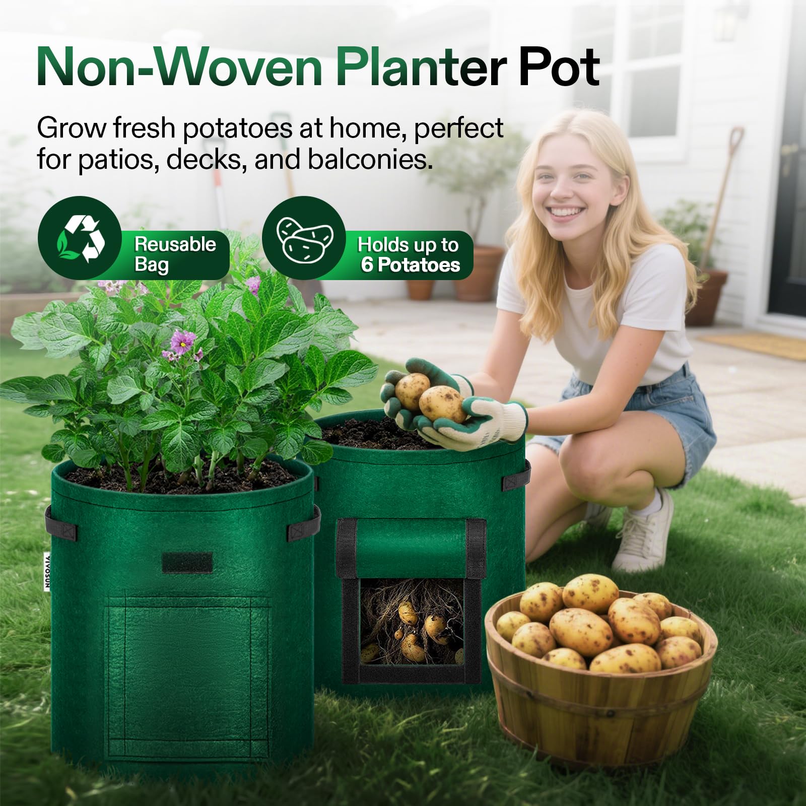 VIVOSUN 10-gallon potato bag stacked for space-saving storage.