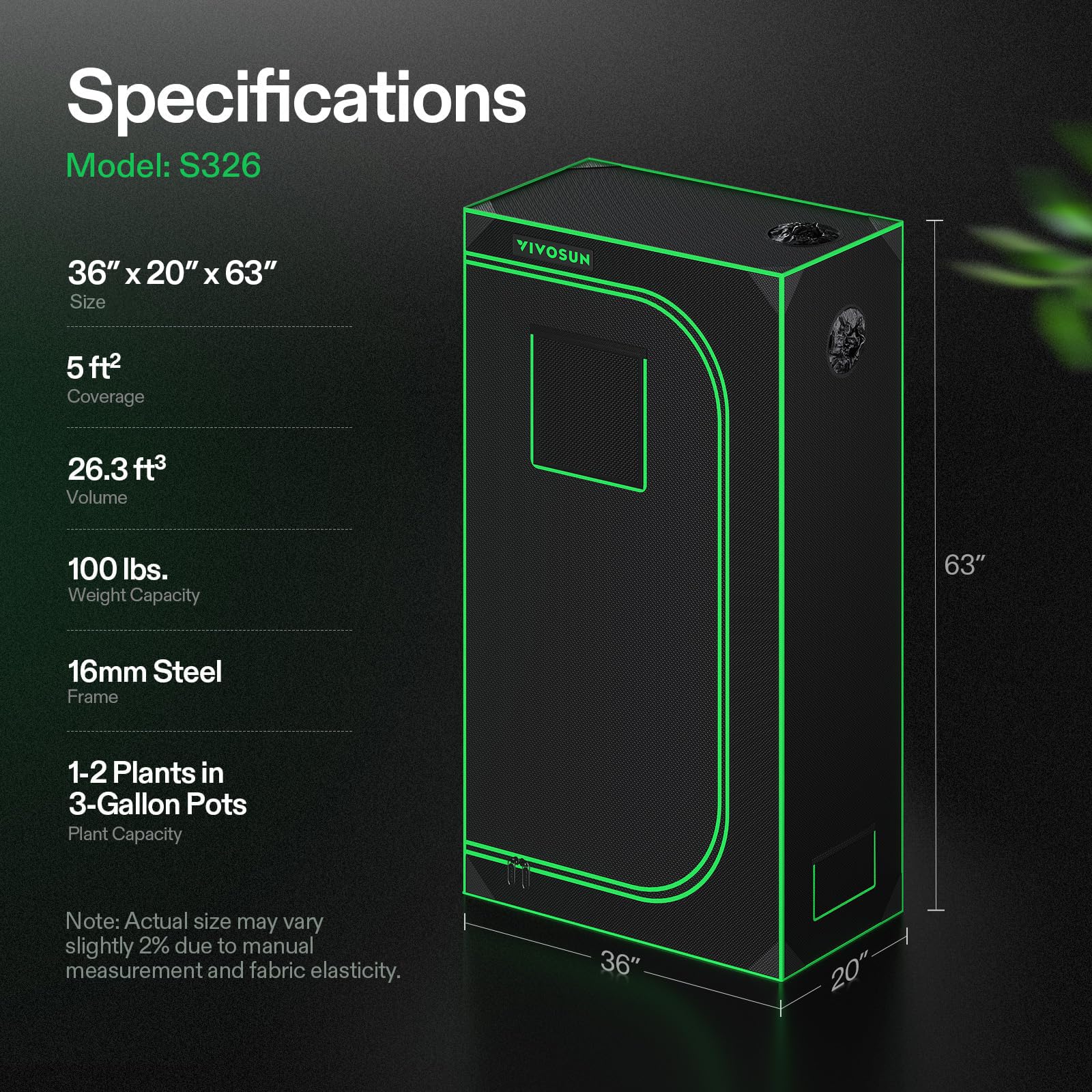 VIVOSUN S326 inner lining protects plants while supporting a clean, light-tight environment.