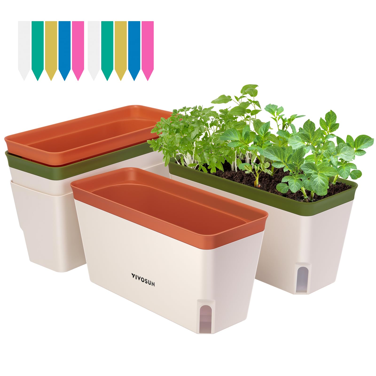 VIVOSUN self-watering planter on a sunny window sill keeping herbs hydrated.