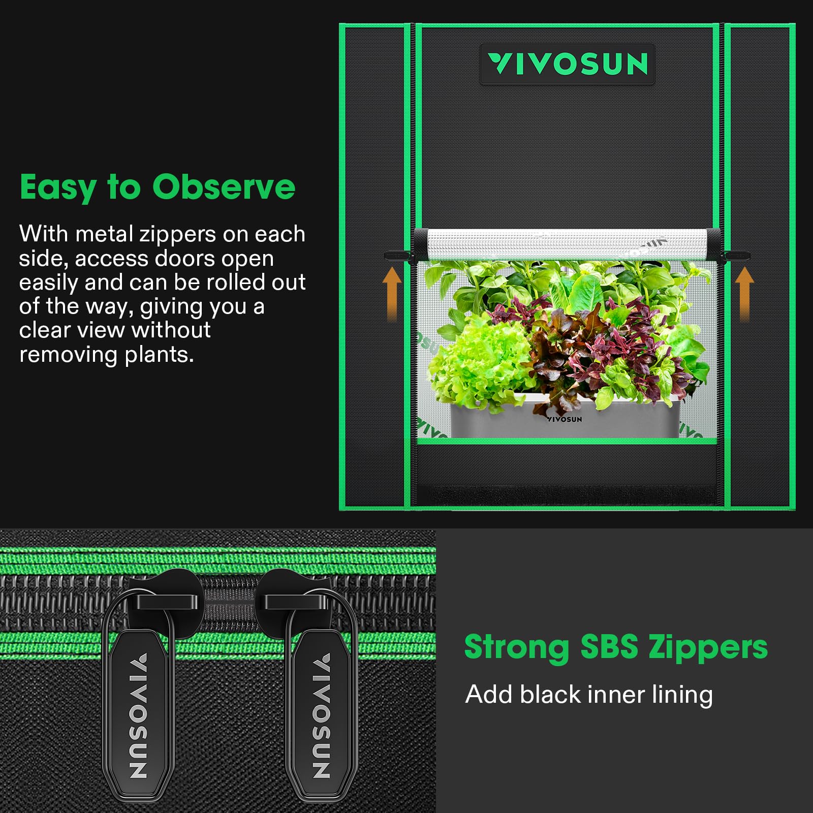 VIVOSUN lightproof seal illustration showing sealed bottom design