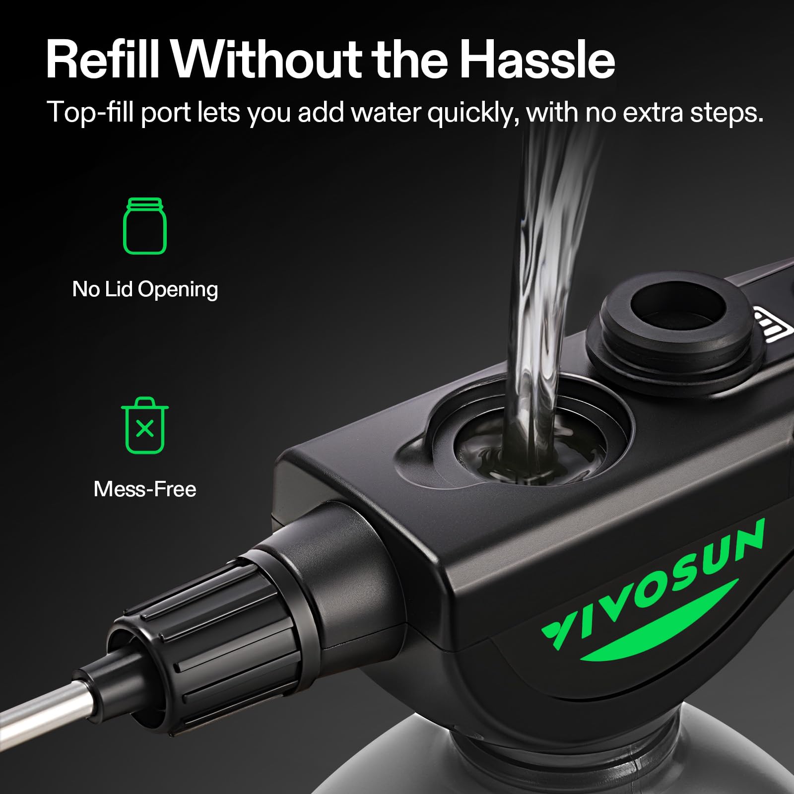 VIVOSUN top-fill port enables quick, spill-free refills during gardening.