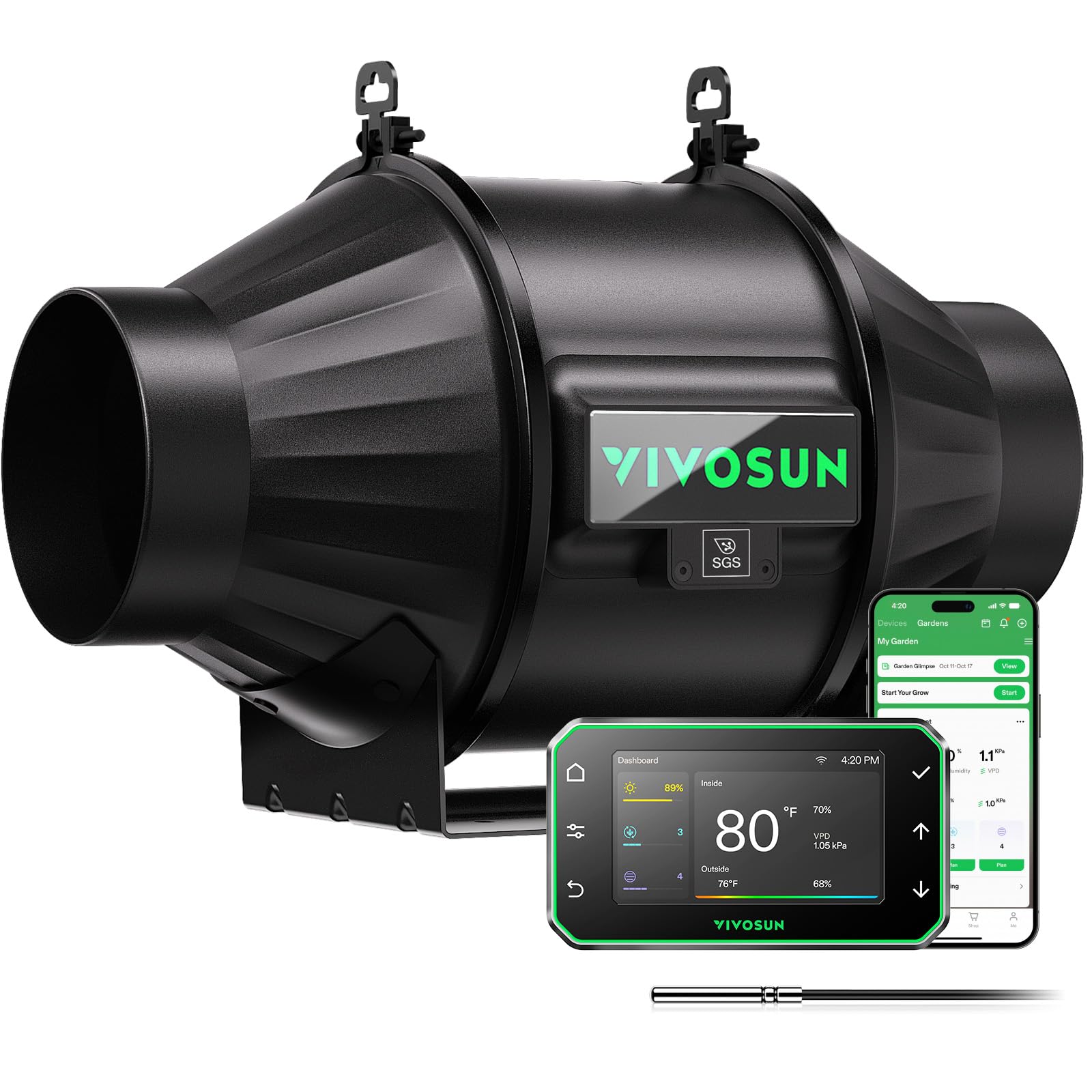 VIVOSUN T4 inline fan front view for powerful tent ventilation.