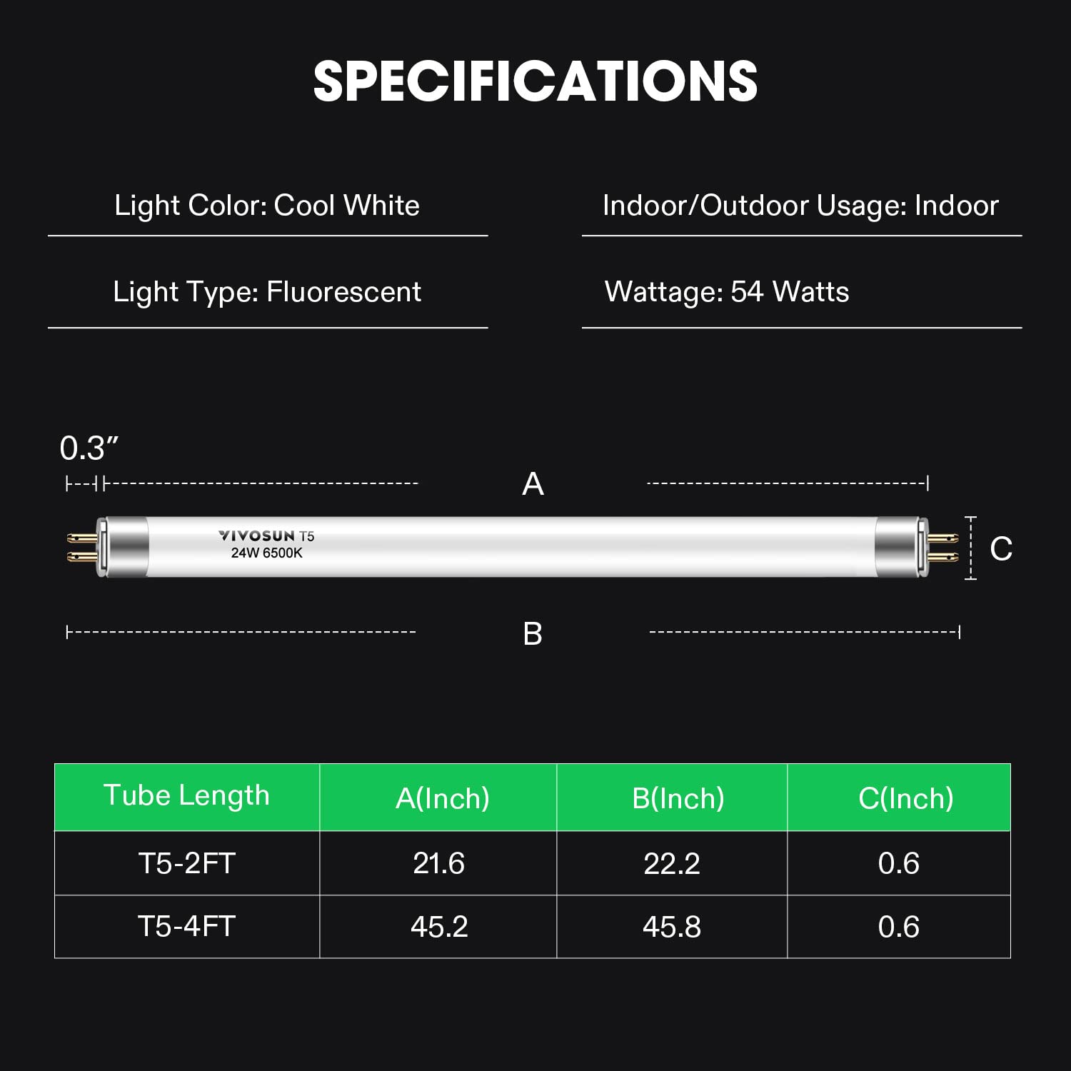 VIVOSUN T5 2ft 2000-lumen bulb close-up for healthy seedlings.