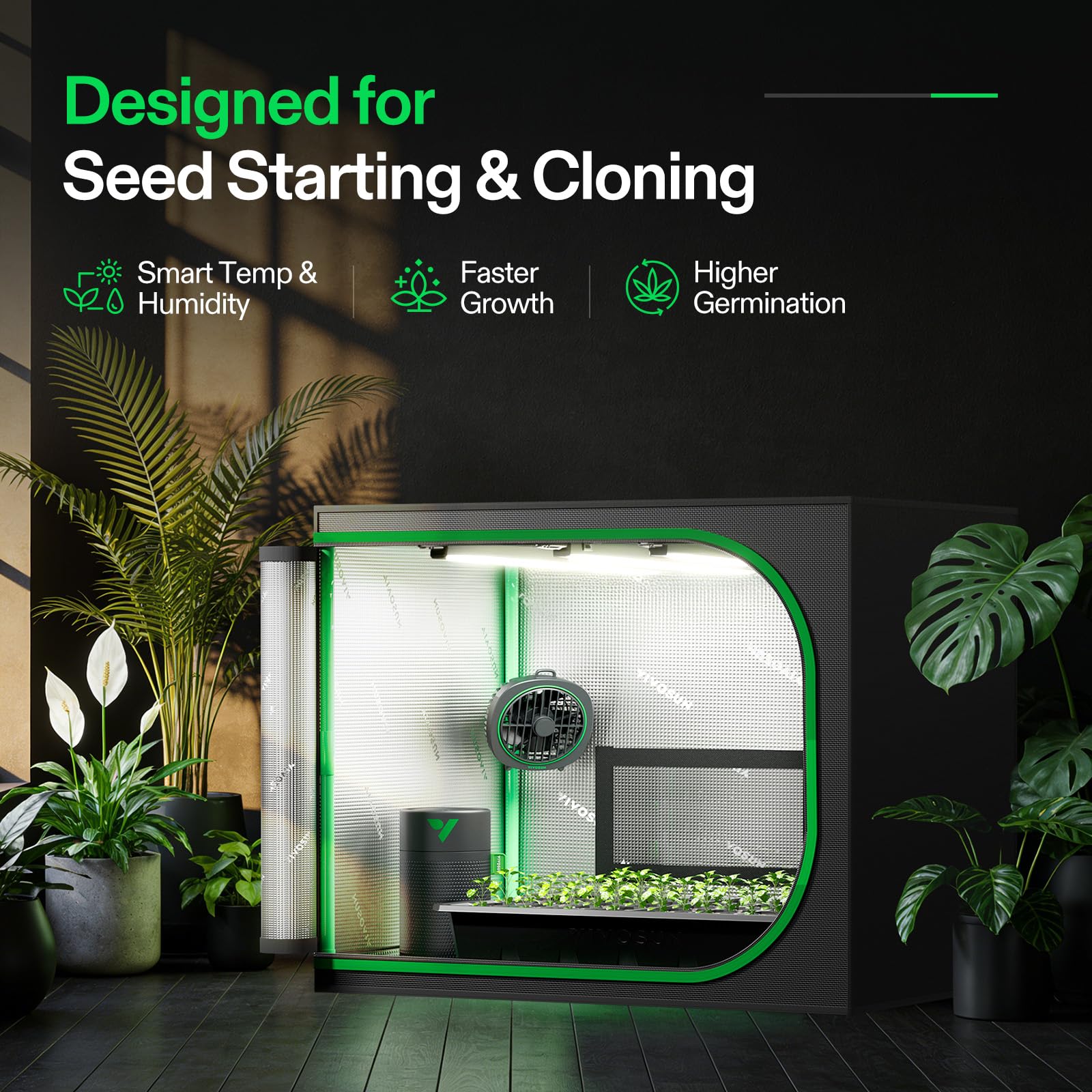 VIVOSUN T5 full-spectrum grow lights illuminate the grow space evenly