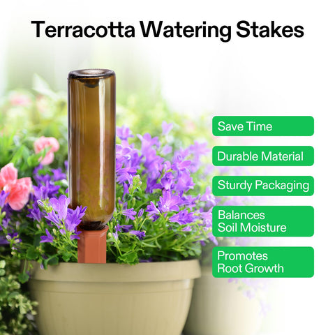 Terracotta VIVOSUN spike slowly releasing water into soil for balanced moisture