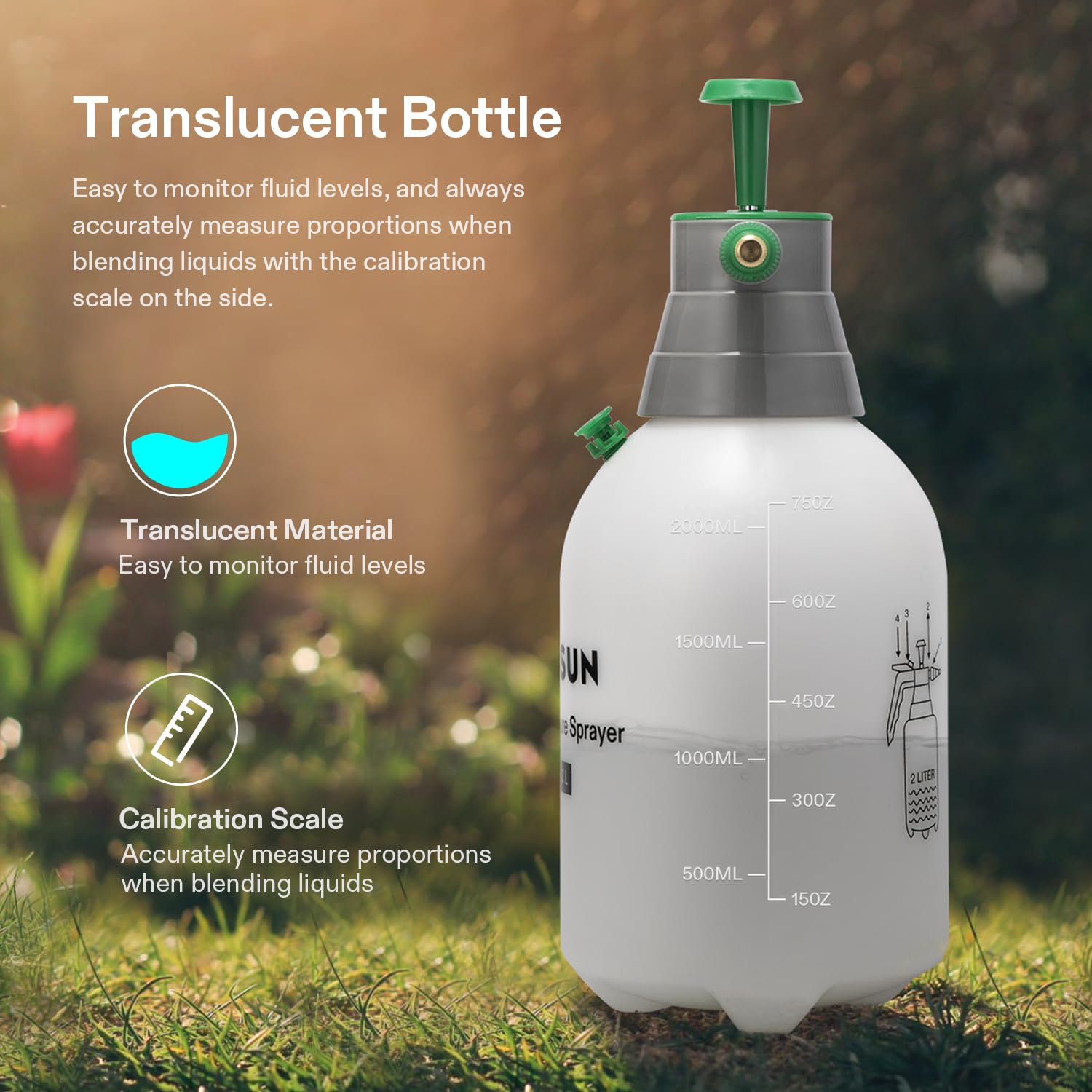 VIVOSUN translucent bottle with scale helps monitor liquid levels and mixing.